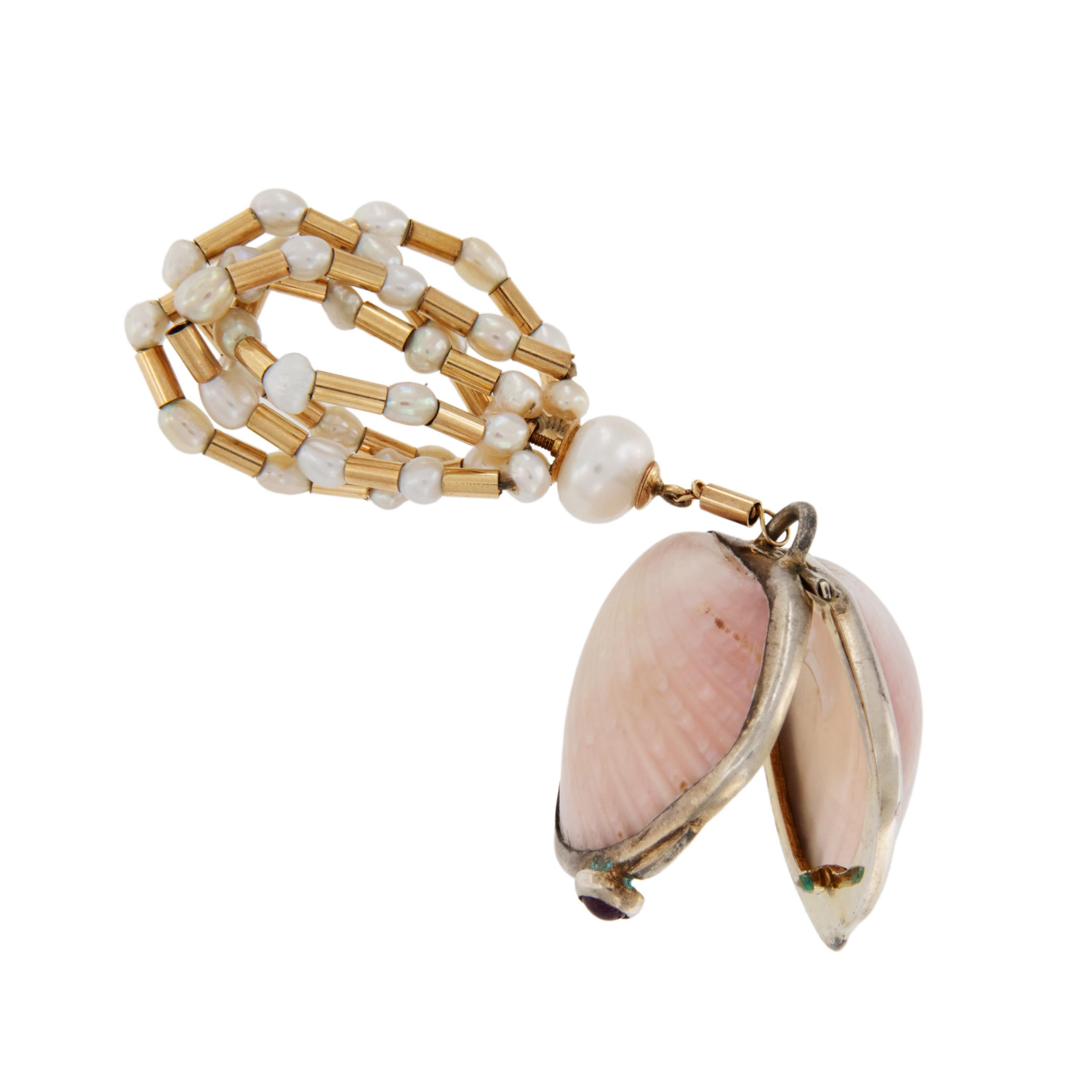 14 Karat Gold, Silver Marguerite Stix Freshwater Pearl Necklace and Pendant In Good Condition For Sale In Troy, MI