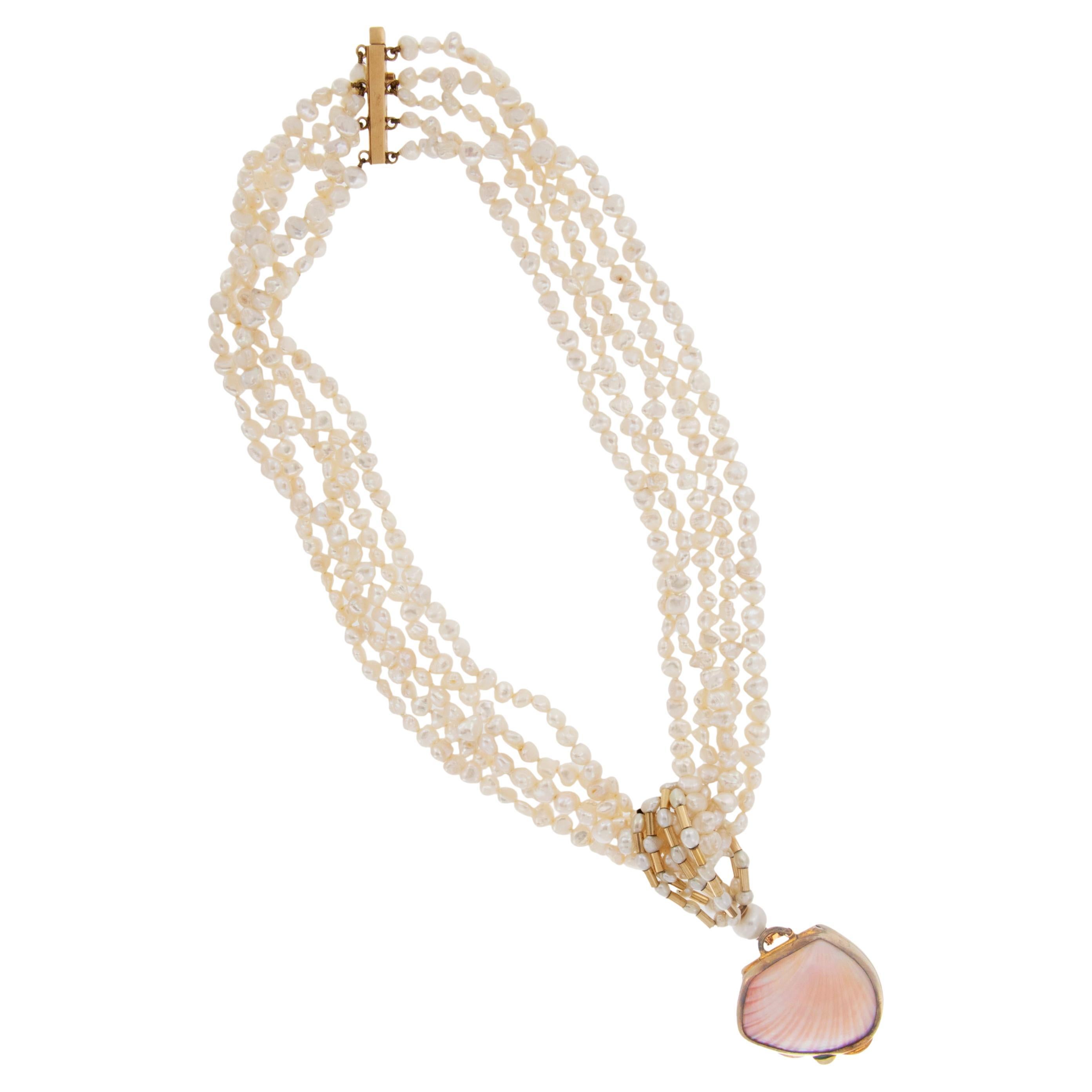 14 Karat Gold, Silver Marguerite Stix Freshwater Pearl Necklace and Pendant For Sale