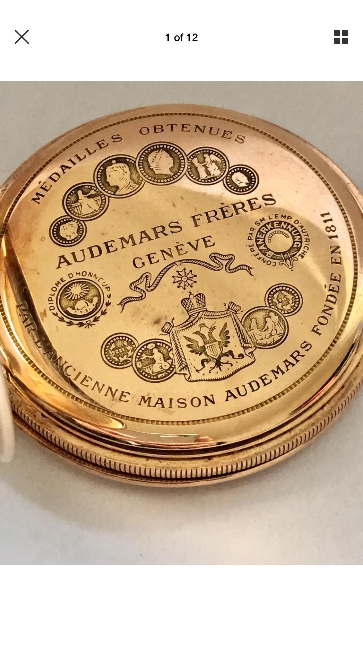 14 Karat Gold Slim Full Hunter Cased Audemars Freres Geneve Dress Pocket Watch For Sale 5