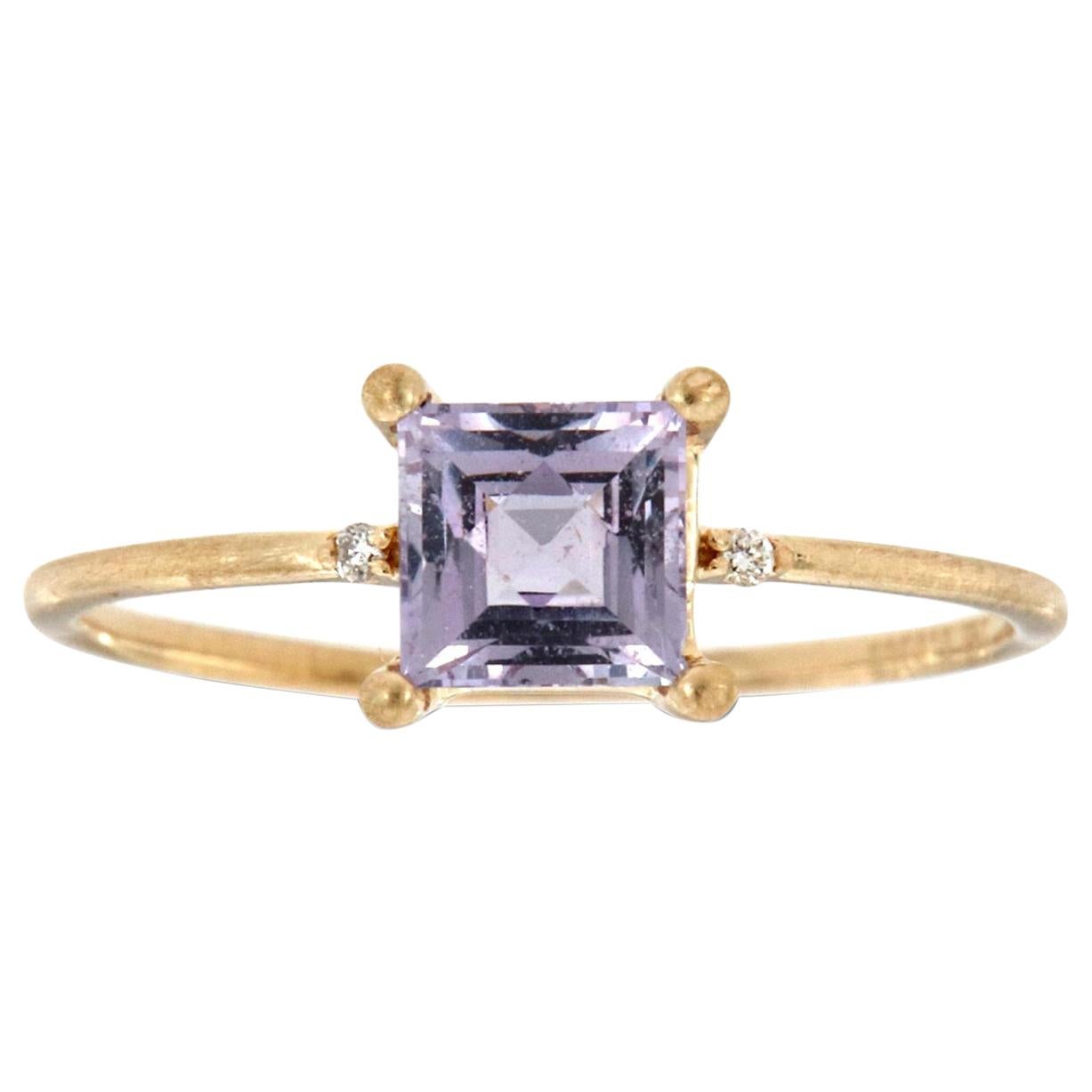 14 Karat Gold Square Lavender Sapphire Rustic Diamond Ring Center, 4/5 Carat For Sale