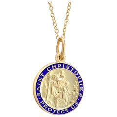 14 Karat Gold St. Christopher Pendant with Blue Enamel