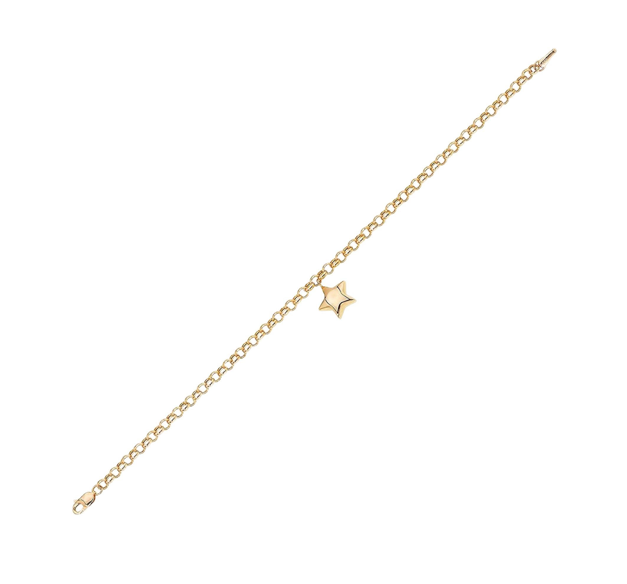  14 karat gold Star Charm Bracelet. Chain Bracelet with Star shaped pendant. Dainty Star Bracelet. Valentine's Day Gift jewelry. Star bracelets for women.

Total weight: 2.75 g.
14 karat  yellow gold 
Length:  18 sm
Star Wide: 12 mm covered with