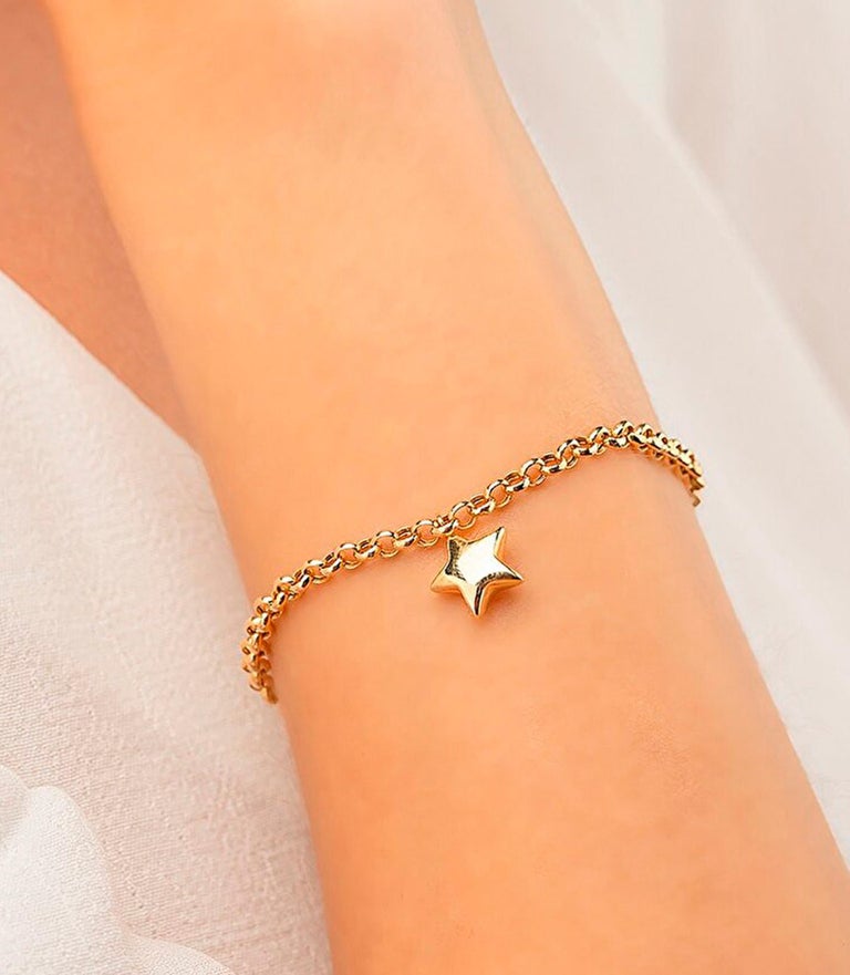 14 Karat Gold Star Charm Bracelet, Chain Bracelet with Star Shaped
