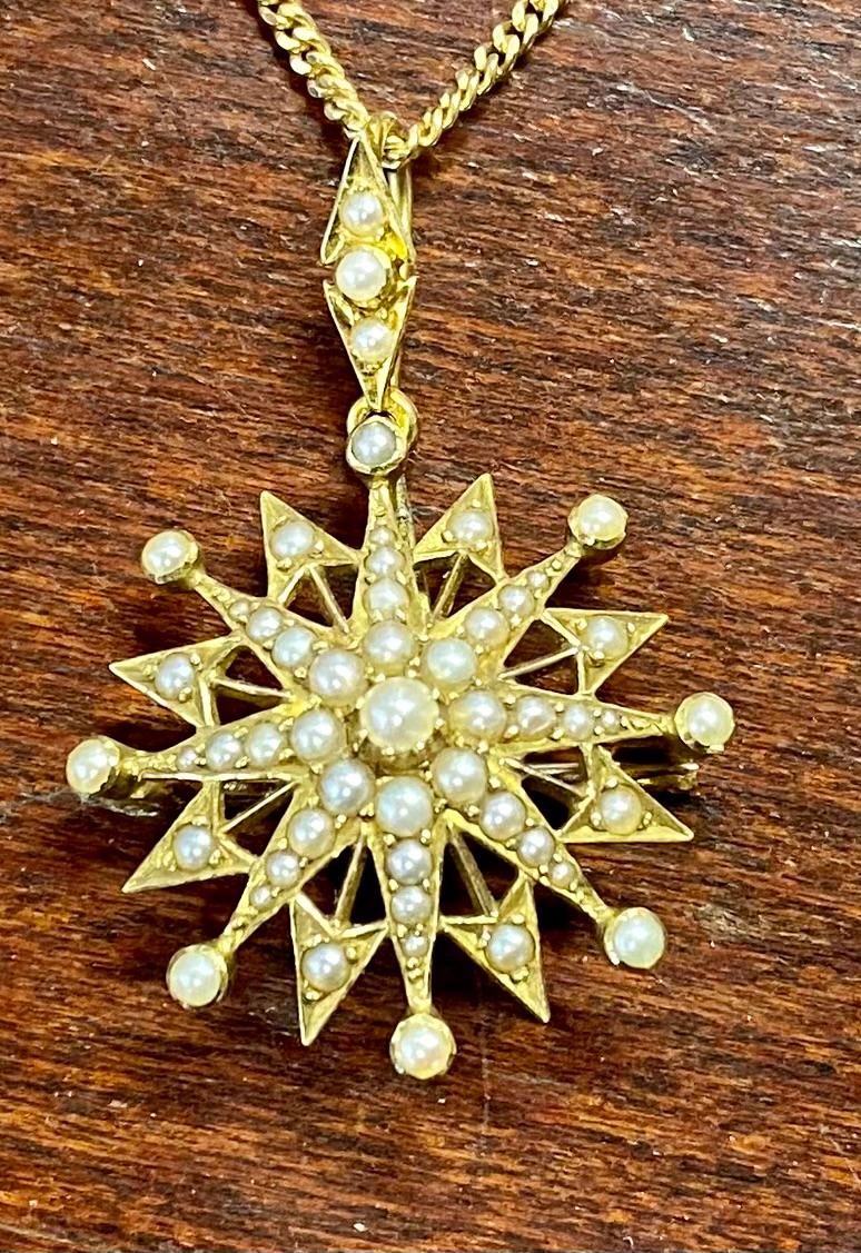 Star Pendant with Pearls.
Can be worn as a brooch or pendant.
Removable pendant loop.
Weight Star 3.5g and chain 3.8g
Total 7.3 gram
gold 14 Karat Gold
Chain 45cm long
Pendant Unmarked.
A really nice and showy Old Star.
I don't know the age, but I