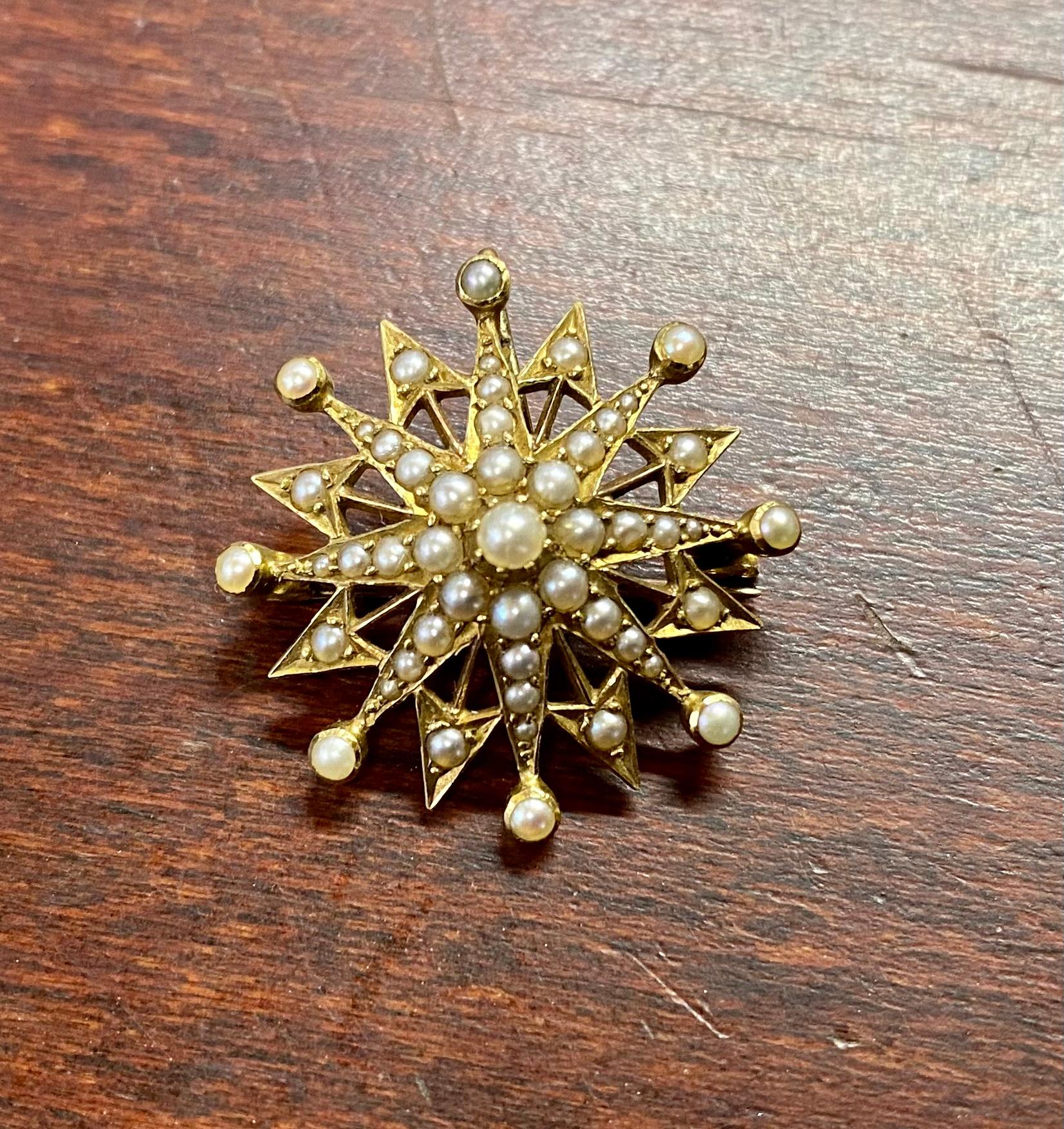 Late Victorian 14 Karat Gold Star Pendant with Pearls. For Sale