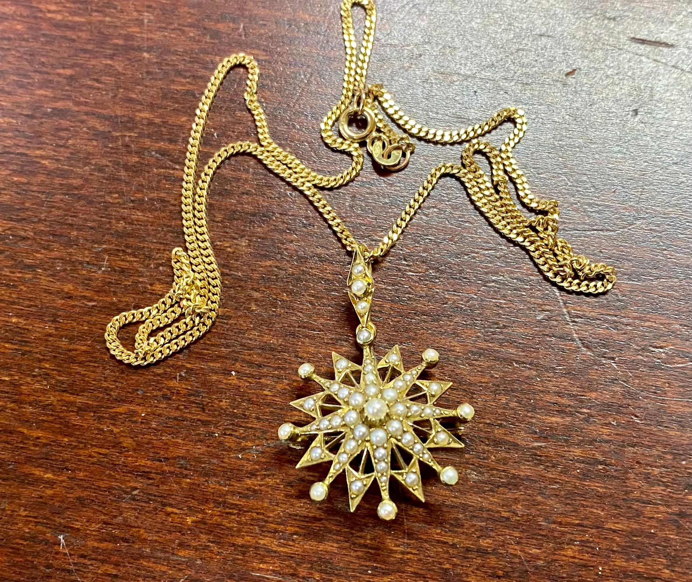 Women's or Men's 14 Karat Gold Star Pendant with Pearls. For Sale