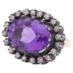 Antique 14 Karat Gold, Sterling Silver, Amethyst & Diamond Ring