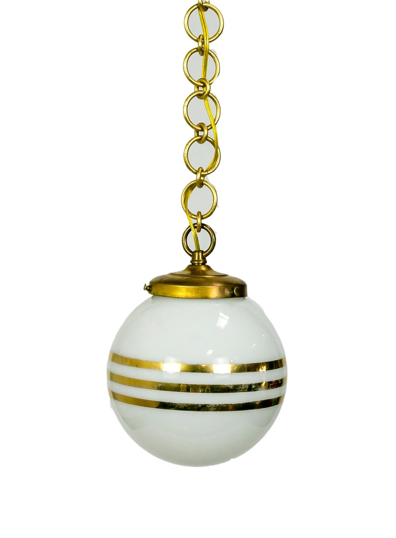 Mid-20th Century 14-Karat Gold Striped Round White Glass Pendant Lights 'Pair' For Sale