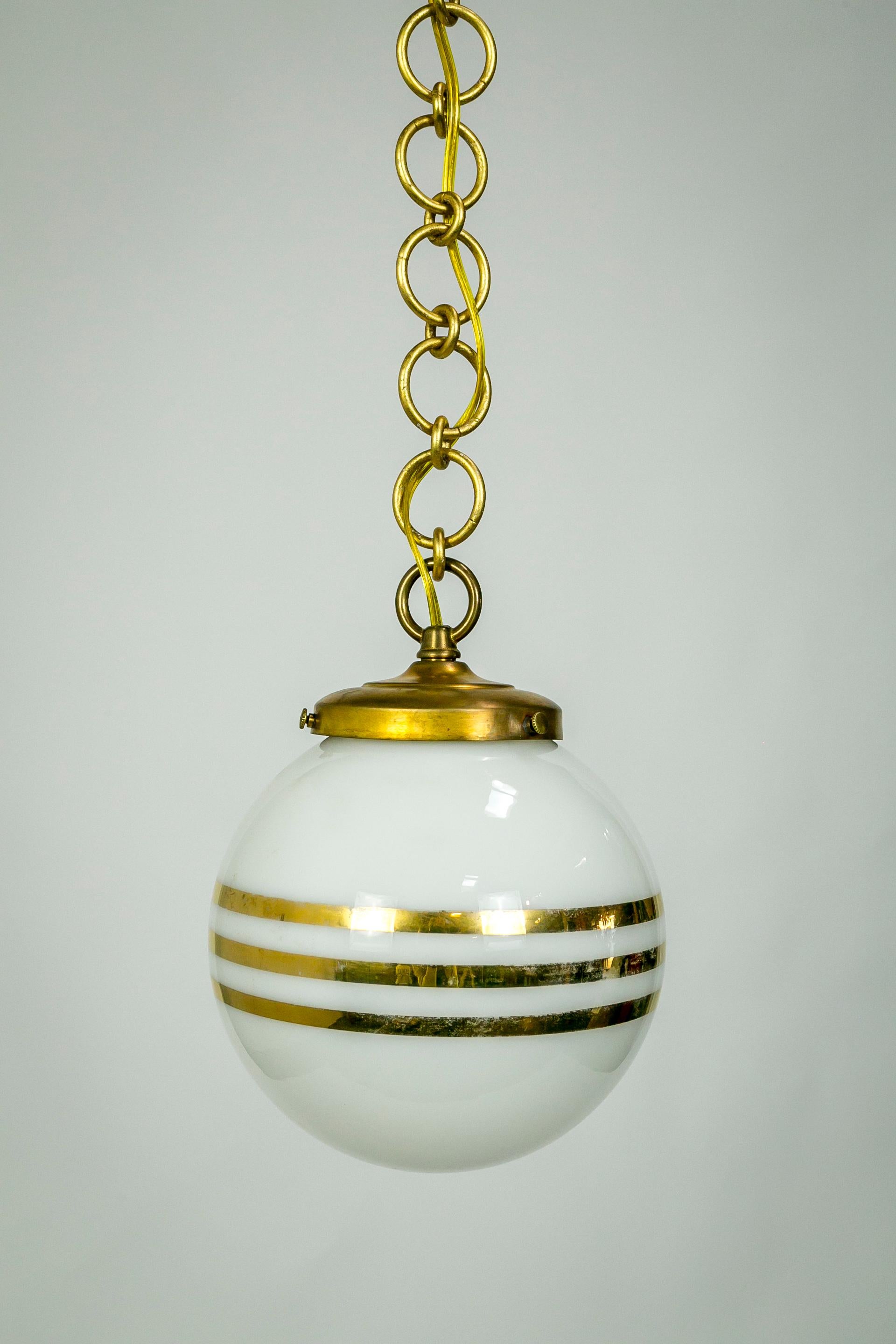14-Karat Gold Striped Round White Glass Pendant Lights 'Pair' For Sale 1