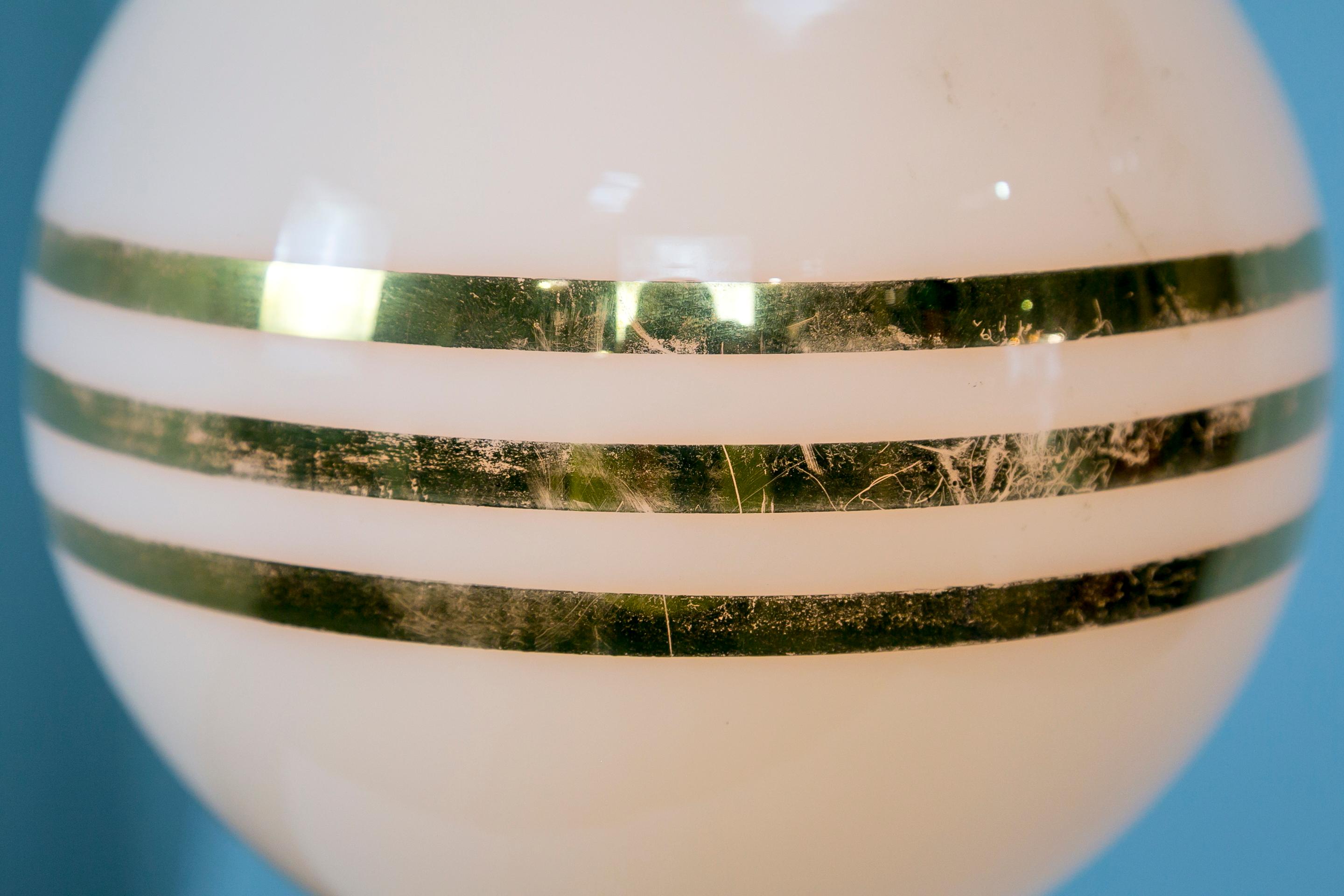 14-Karat Gold Striped Round White Glass Pendant Lights 'Pair' For Sale 3