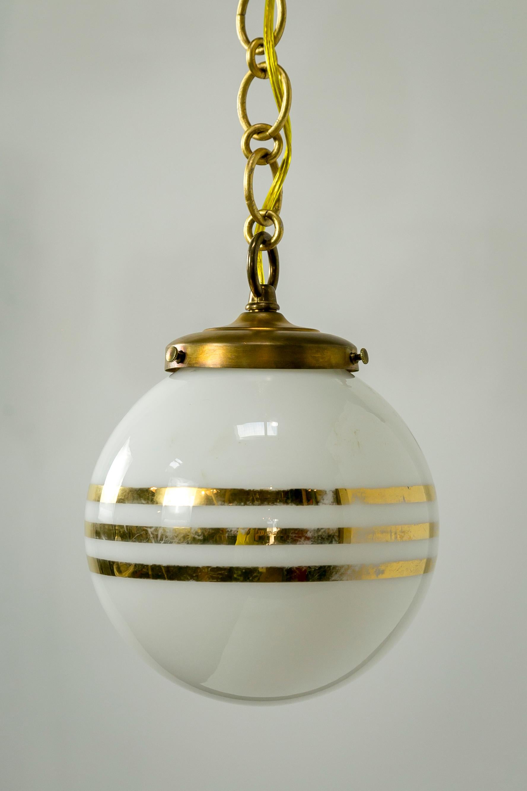 14-Karat Gold Striped Round White Glass Pendant Lights 'Pair' For Sale 4