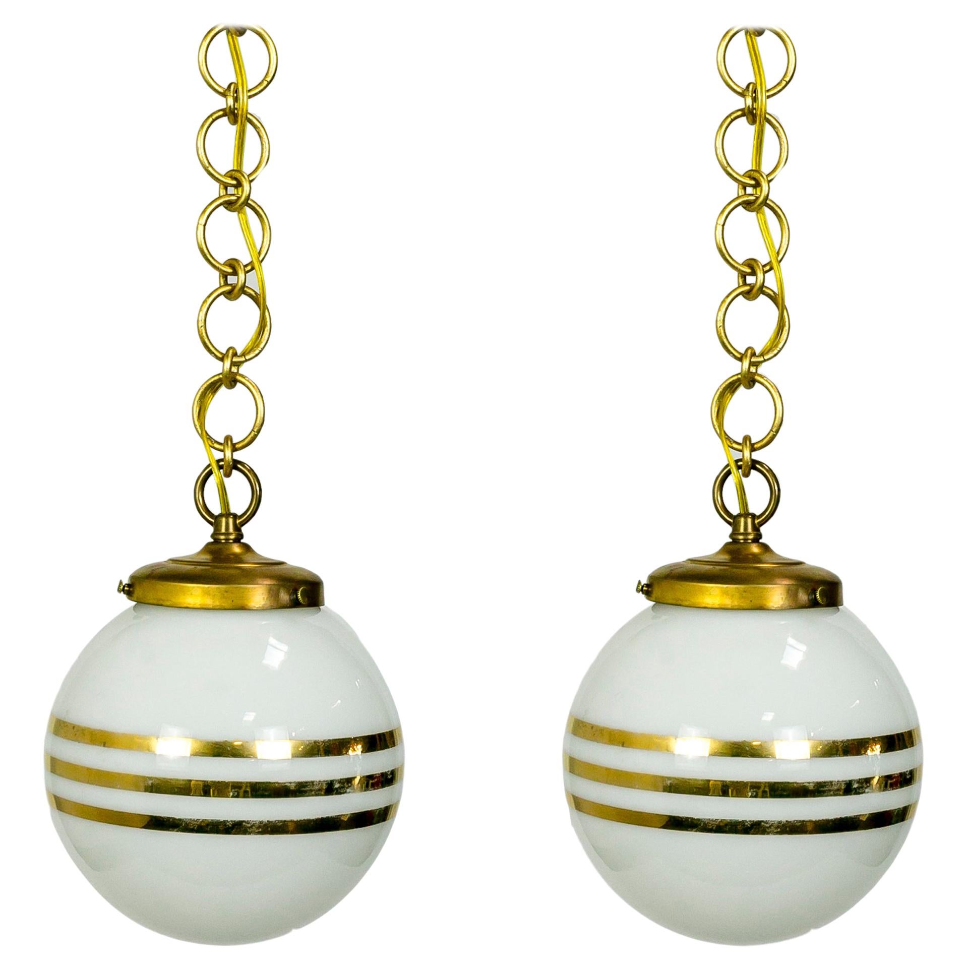 14-Karat Gold Striped Round White Glass Pendant Lights 'Pair' For Sale