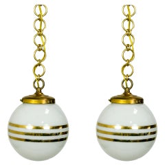Vintage 14-Karat Gold Striped Round White Glass Pendant Lights 'Pair'