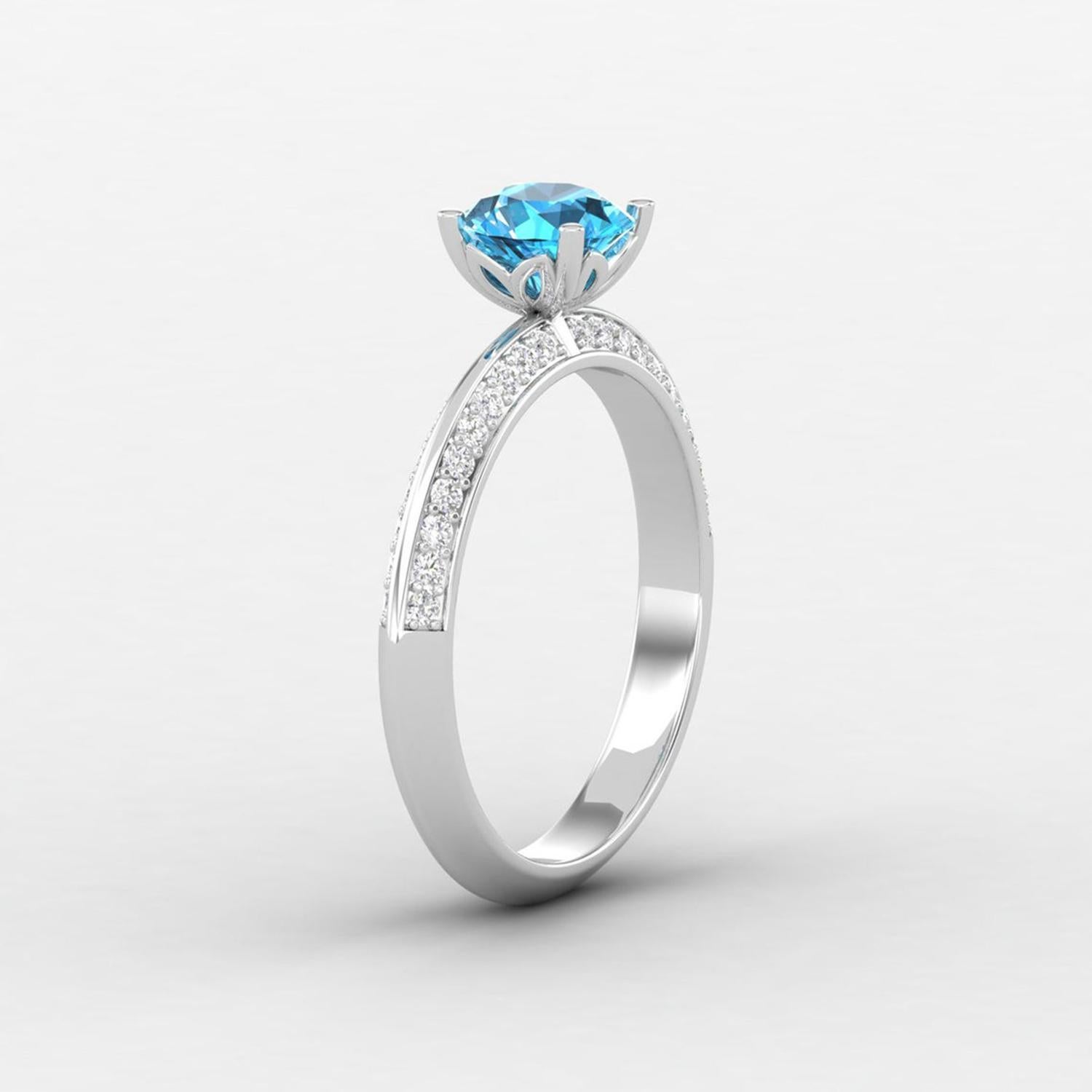 Modern 14 karat Gold Swiss Blue Topaz Ring / Diamond Solitaire Ring / Ring for Her For Sale
