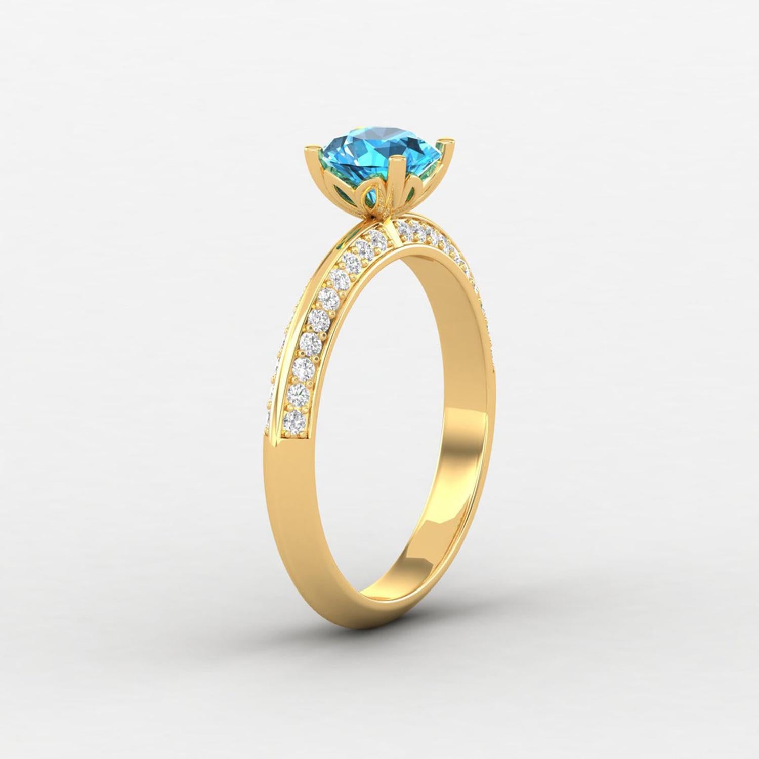 Round Cut 14 karat Gold Swiss Blue Topaz Ring / Diamond Solitaire Ring / Ring for Her For Sale