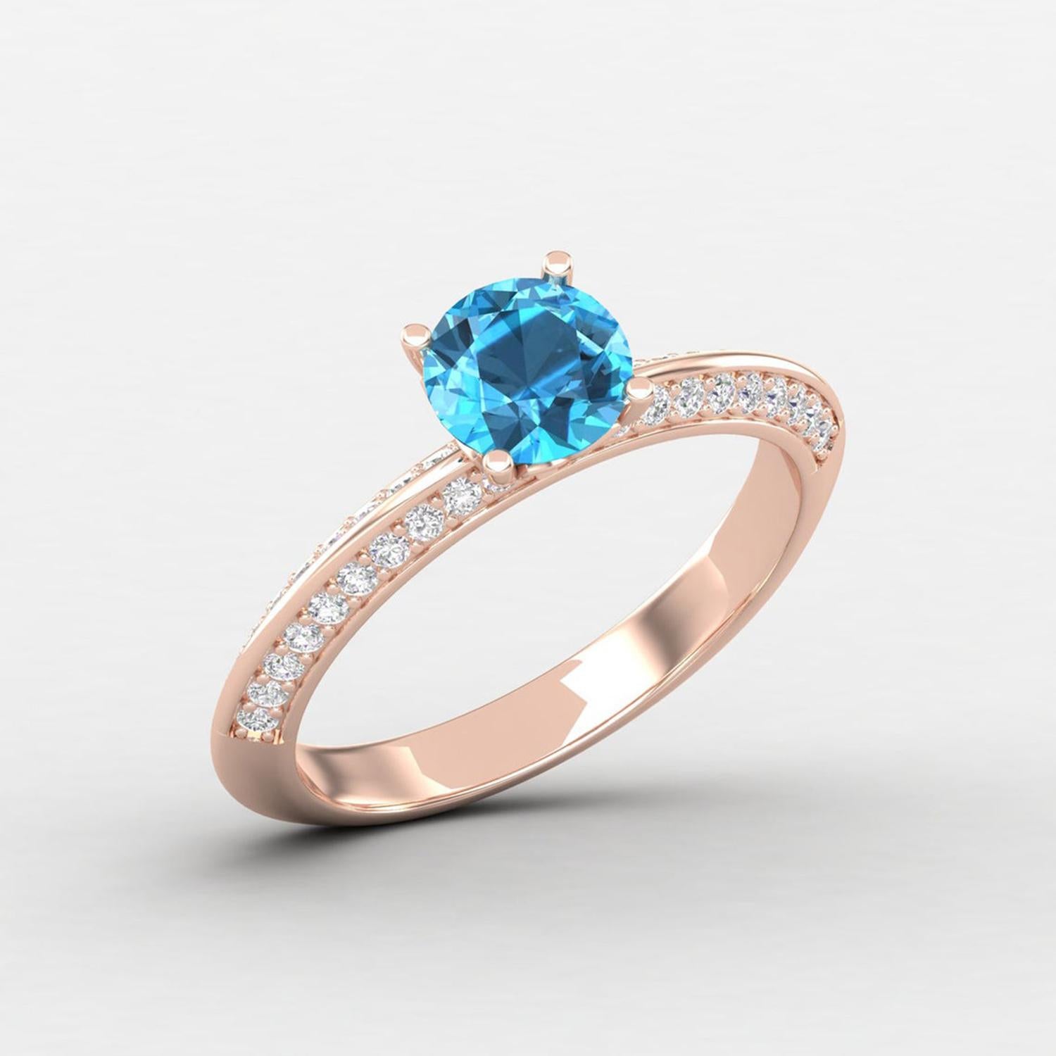 14 karat Gold Swiss Blue Topaz Ring / Diamond Solitaire Ring / Ring for Her In New Condition For Sale In Jaipur, RJ