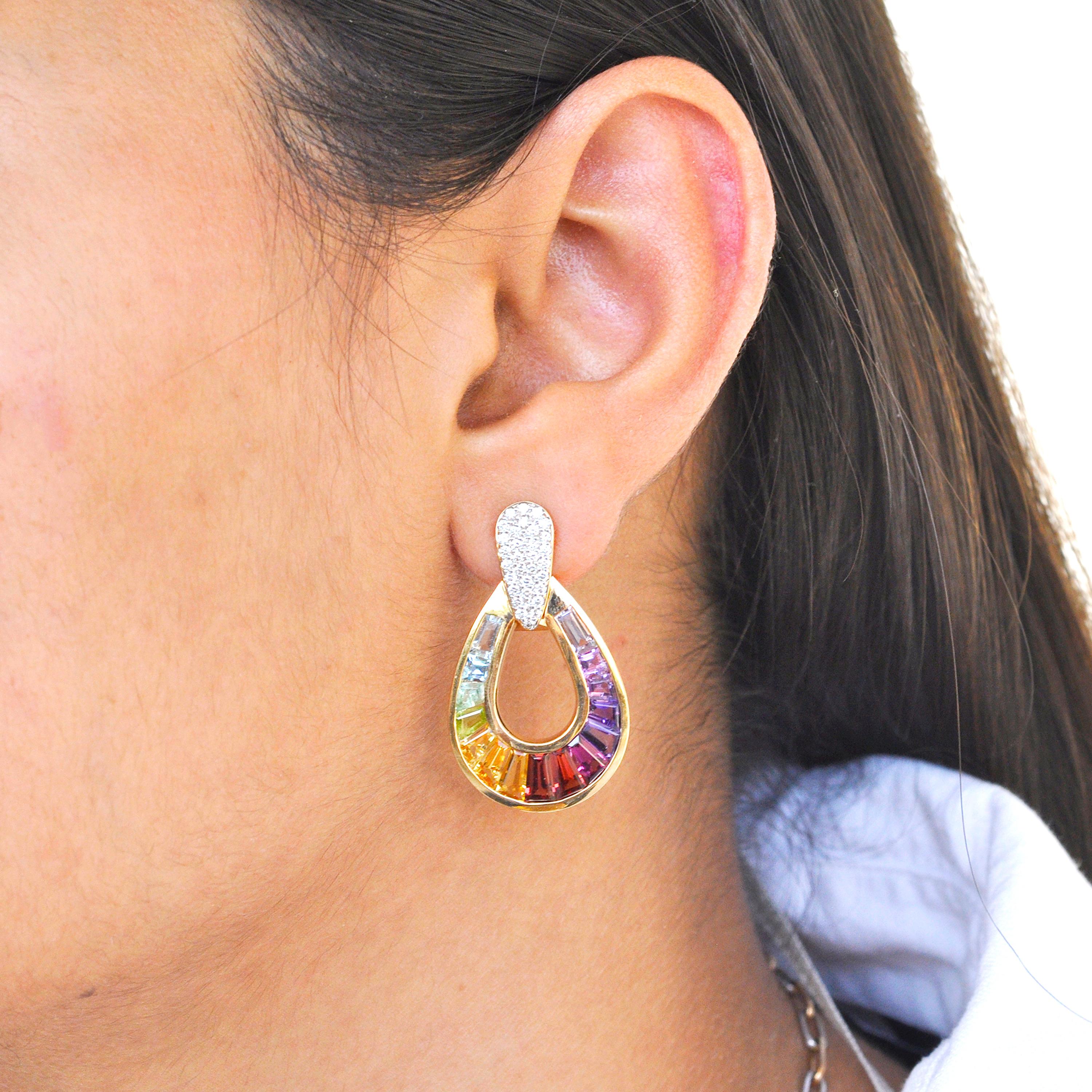 14 Karat Gold Taper Baguette Multi-Color Rainbow Diamond Dangling Drop Earrings For Sale 4