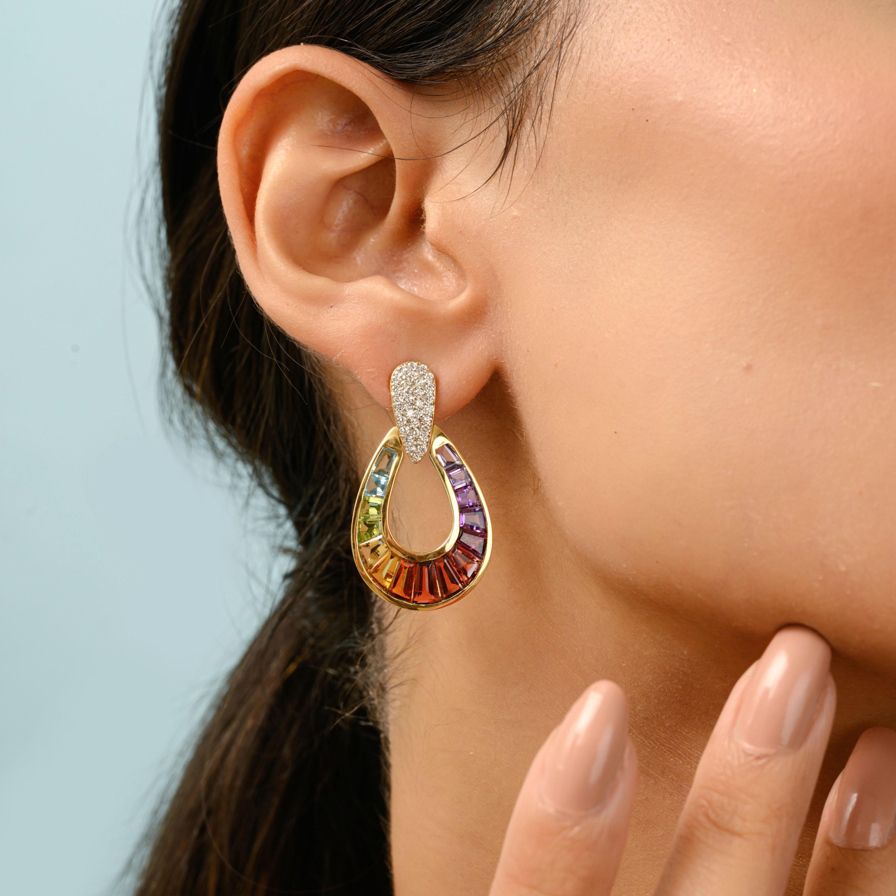Contemporary 14 Karat Gold Taper Baguette Multi-Color Rainbow Diamond Dangling Drop Earrings For Sale