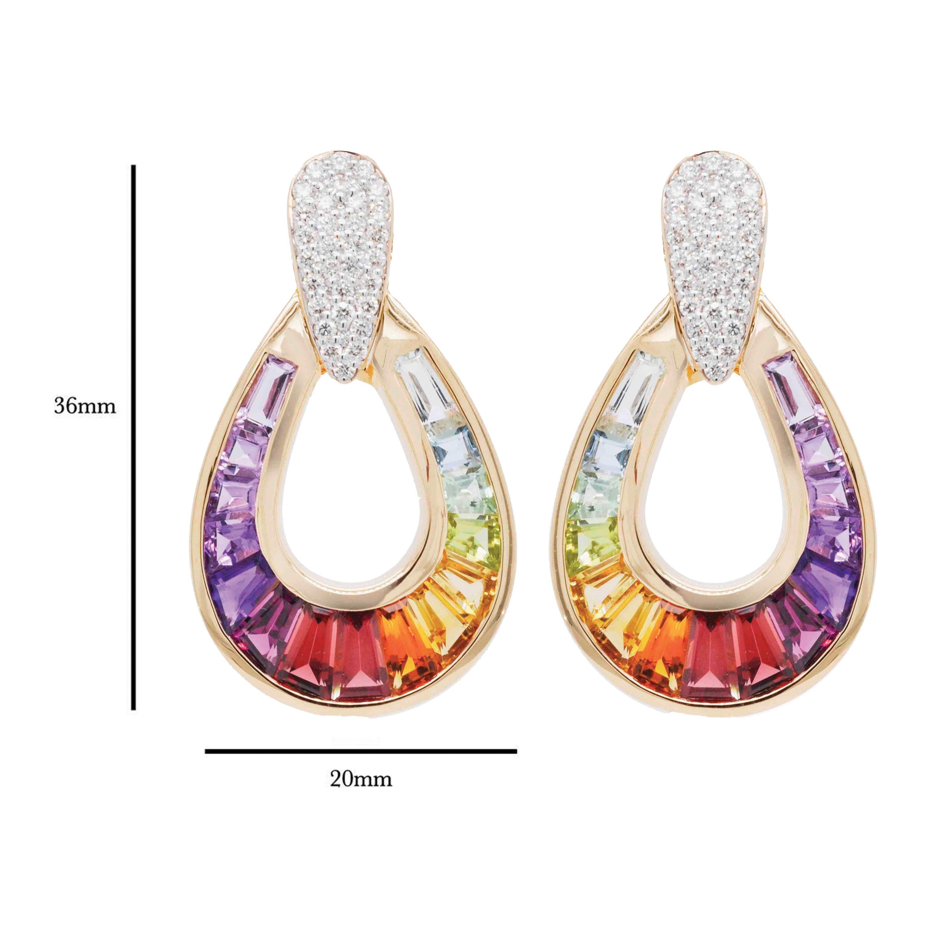 Tapered Baguette 14 Karat Gold Taper Baguette Multi-Color Rainbow Diamond Dangling Drop Earrings For Sale