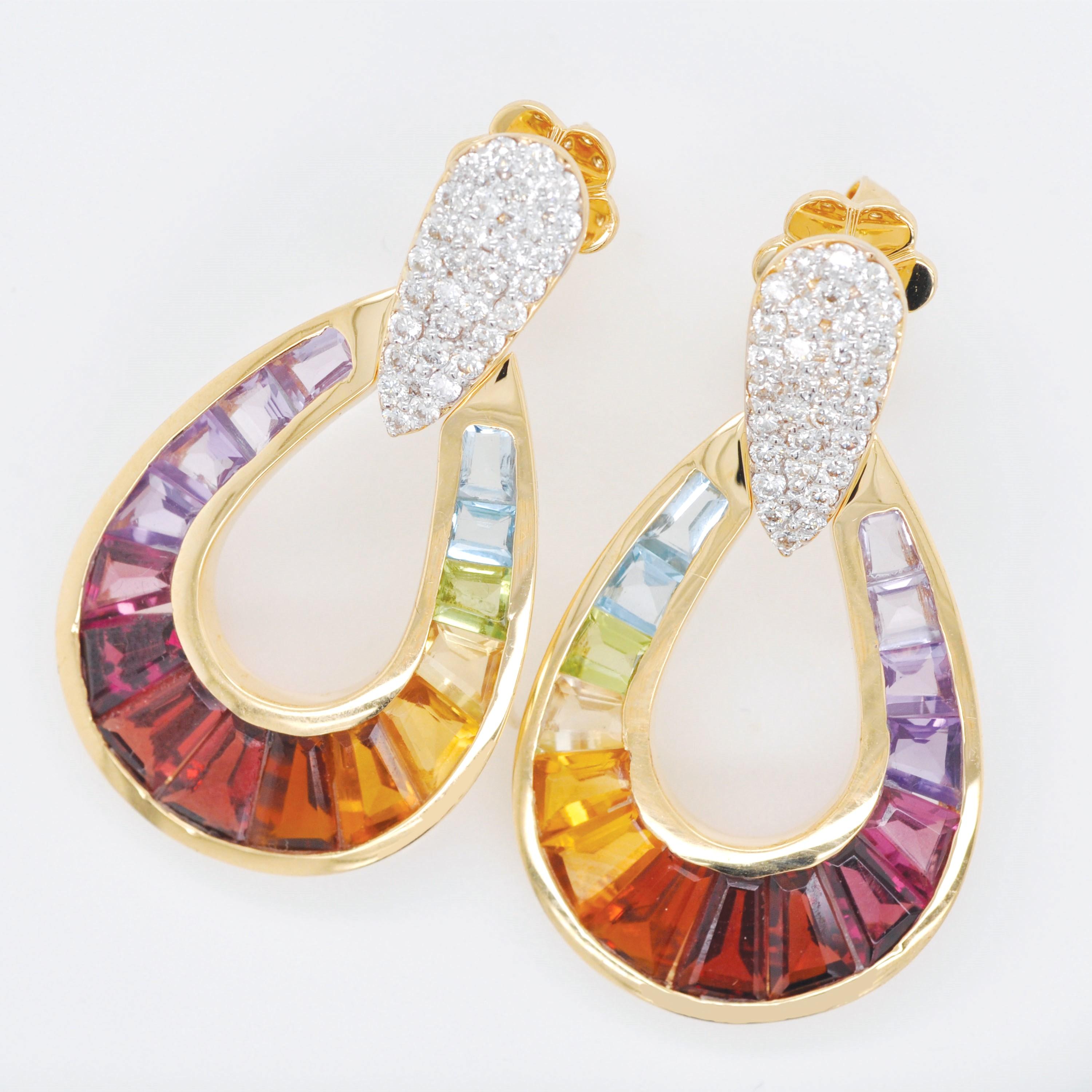 Women's or Men's 14 Karat Gold Taper Baguette Multi-Color Rainbow Diamond Dangling Drop Earrings For Sale