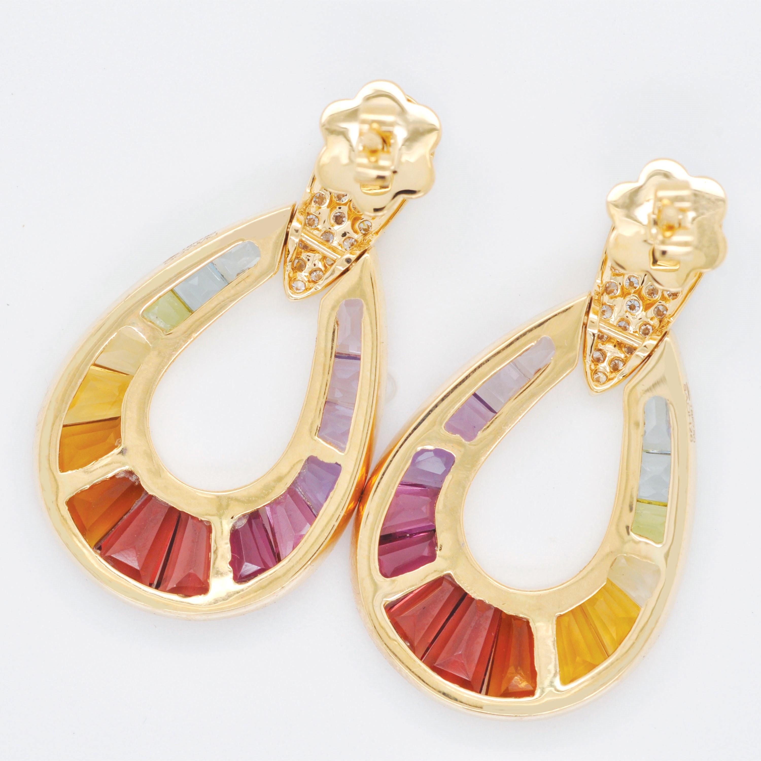 14 Karat Gold Taper Baguette Multi-Color Rainbow Diamond Dangling Drop Earrings For Sale 1