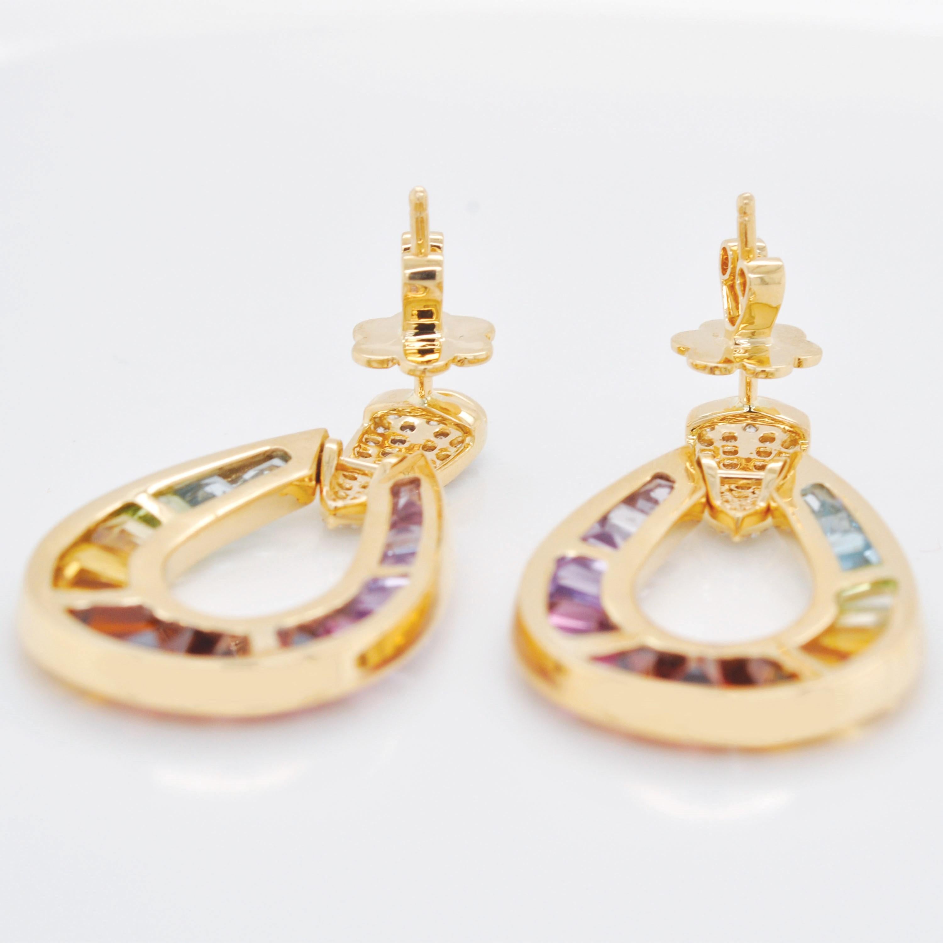 14 Karat Gold Taper Baguette Multi-Color Rainbow Diamond Dangling Drop Earrings For Sale 2