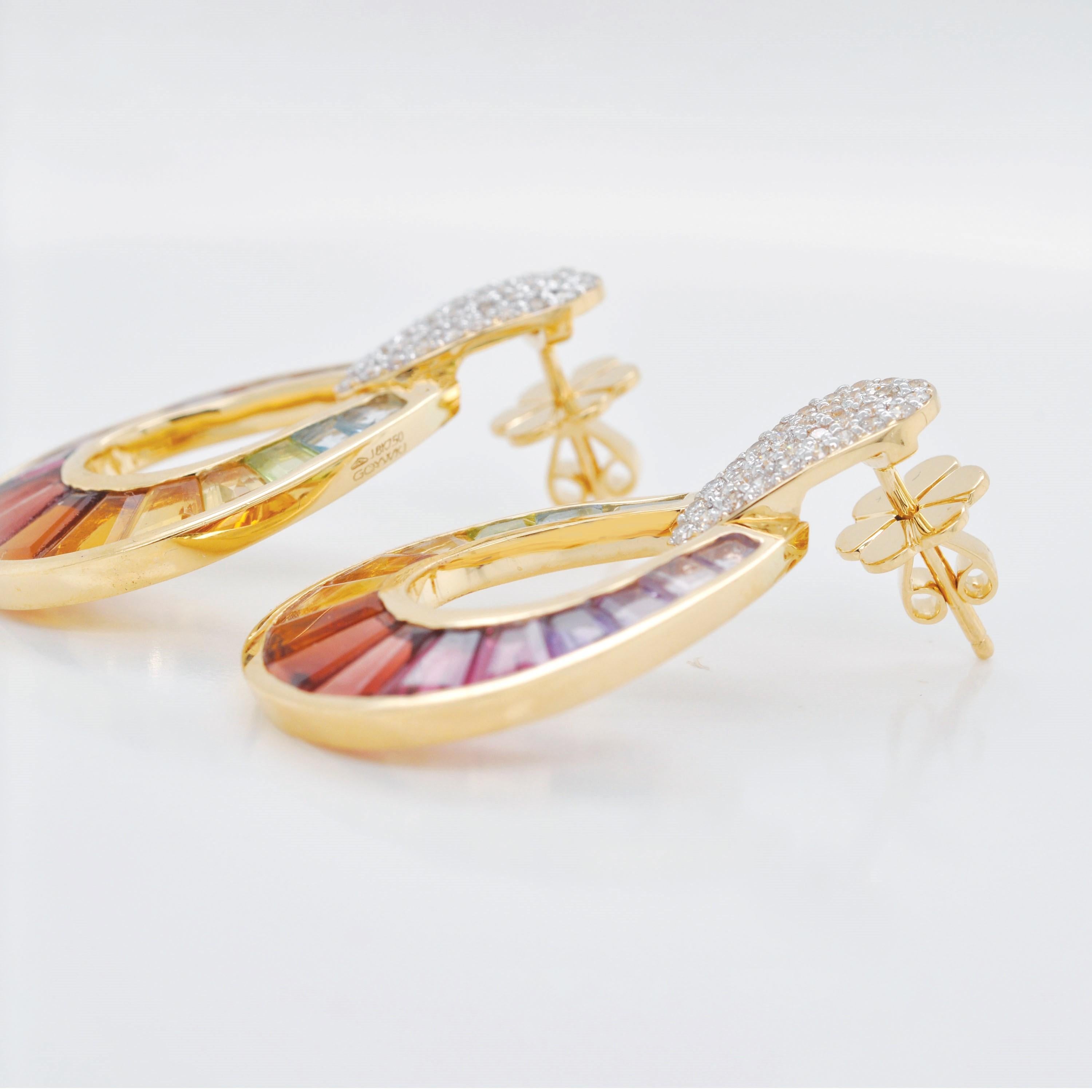 14 Karat Gold Taper Baguette Multi-Color Rainbow Diamond Dangling Drop Earrings For Sale 3