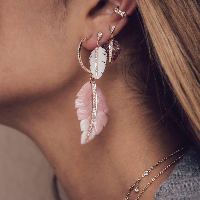14 Karat Gold Teardrop Diamond White Feather Drop Stud Earrings For 14k Gold Teardrop Diamond Bezel Pave Center Carved White Bone Feather Drop Stud Sold Individually
