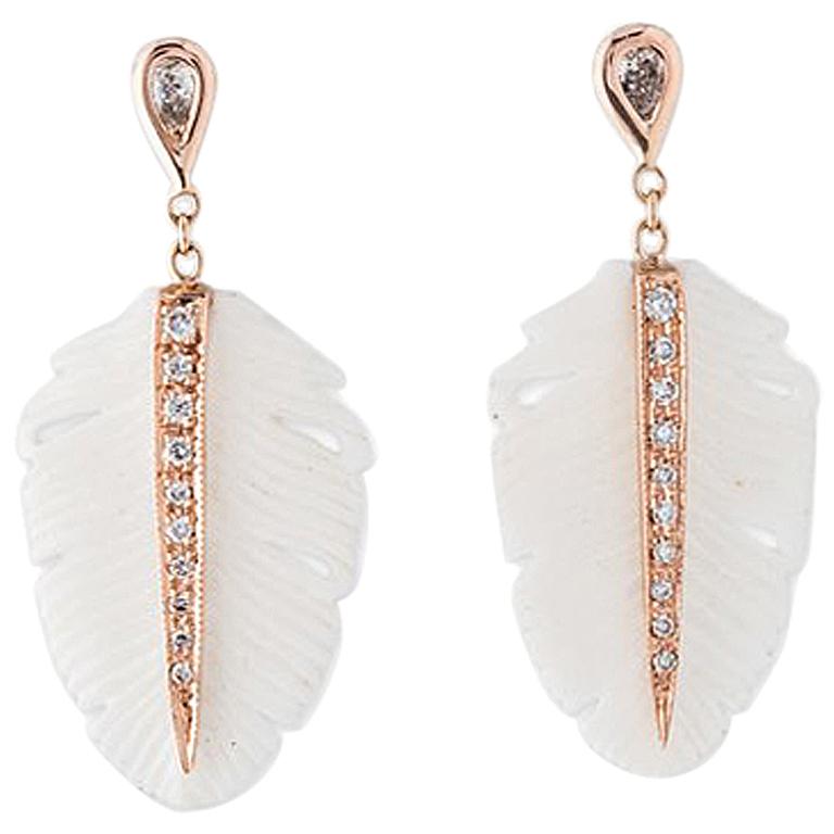 14 Karat Gold Teardrop Diamond White Feather Drop Stud Earrings For Sale