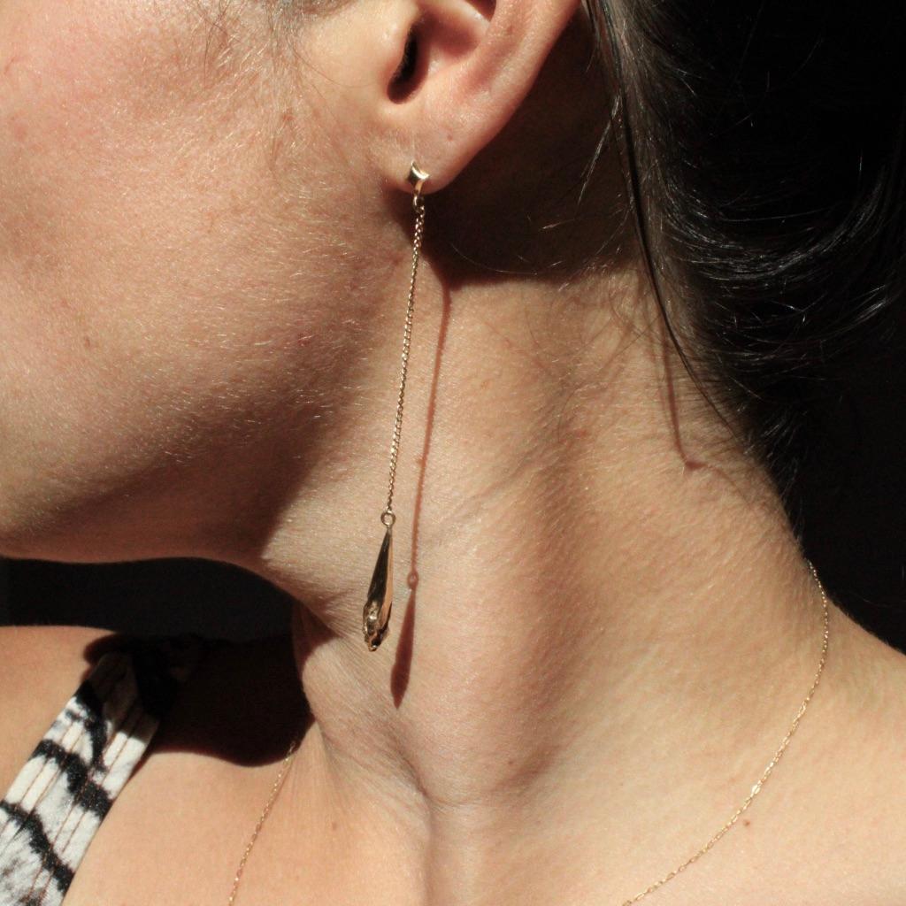 Women's or Men's 14 Karat Gold Textured Pendulum Drop Earrings For Sale