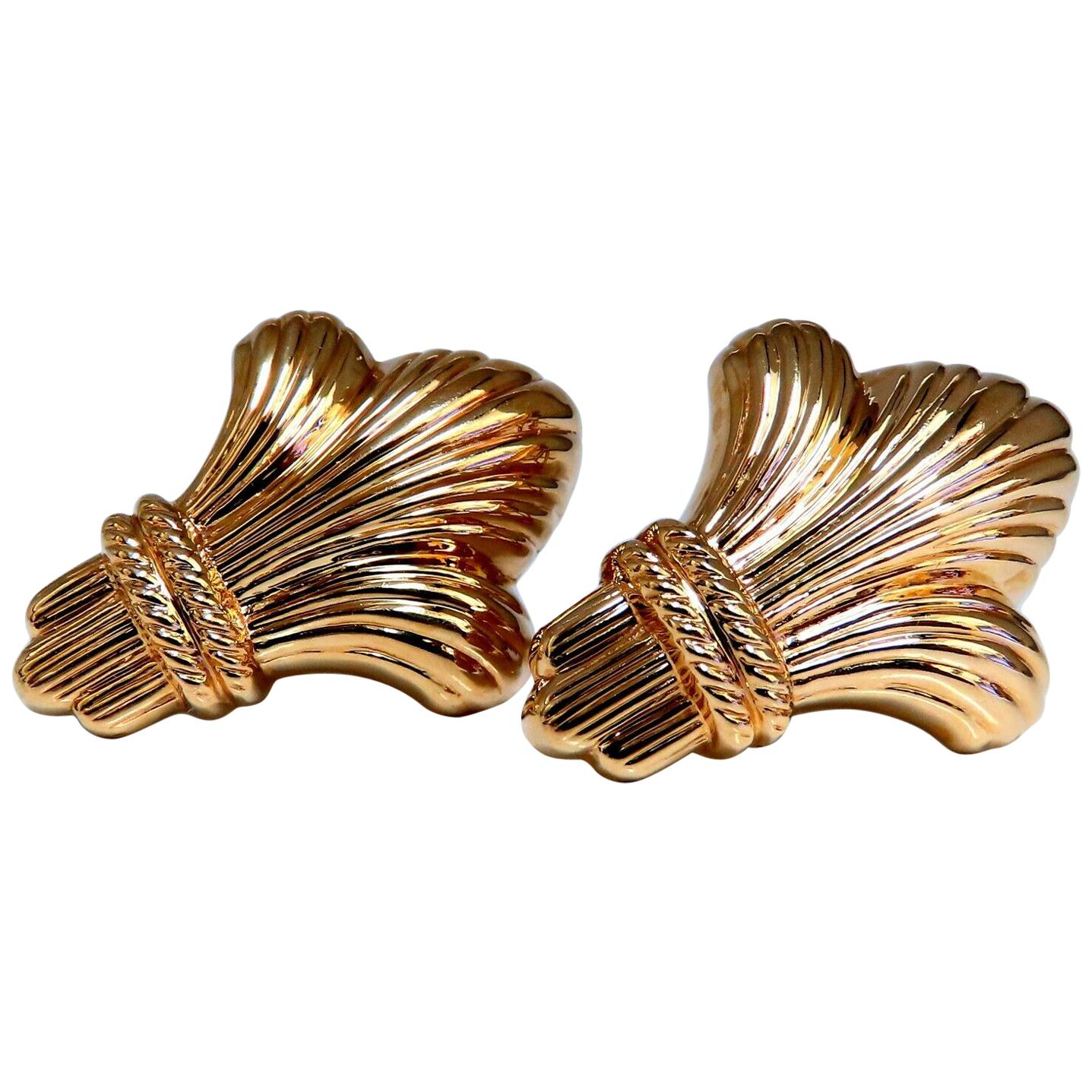 14 Karat Gold Textured Royal Crest Sheaf Clip Earrings For Sale