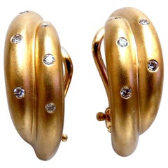 14 Karat Gold Textured Satin Double Row Diamond Clip Earrings