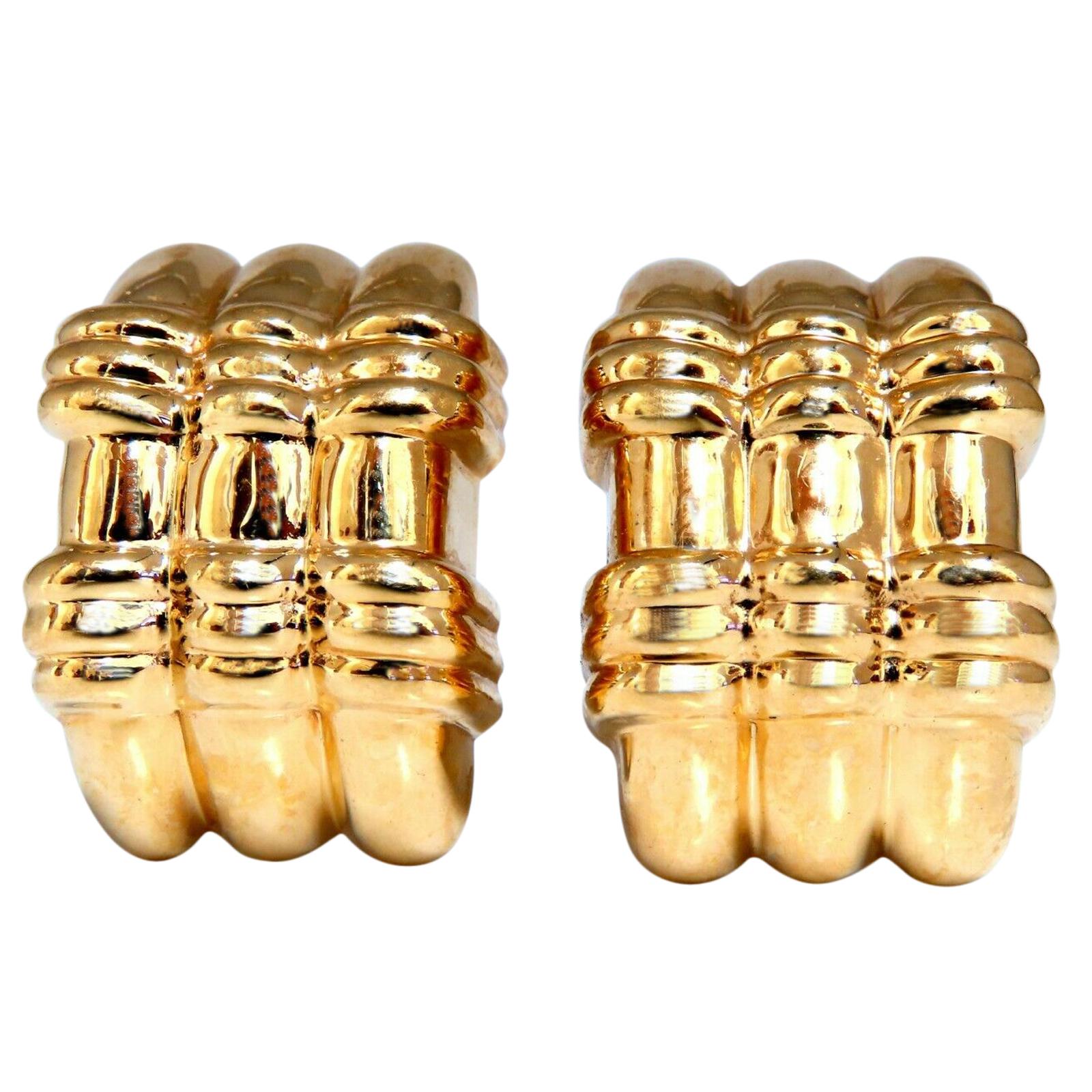 14 Karat Gold Textured Three-Row Crest Clip Earrings