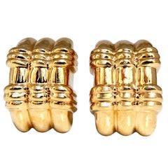 14 Karat Gold Textured Three-Row Crest Clip Earrings*