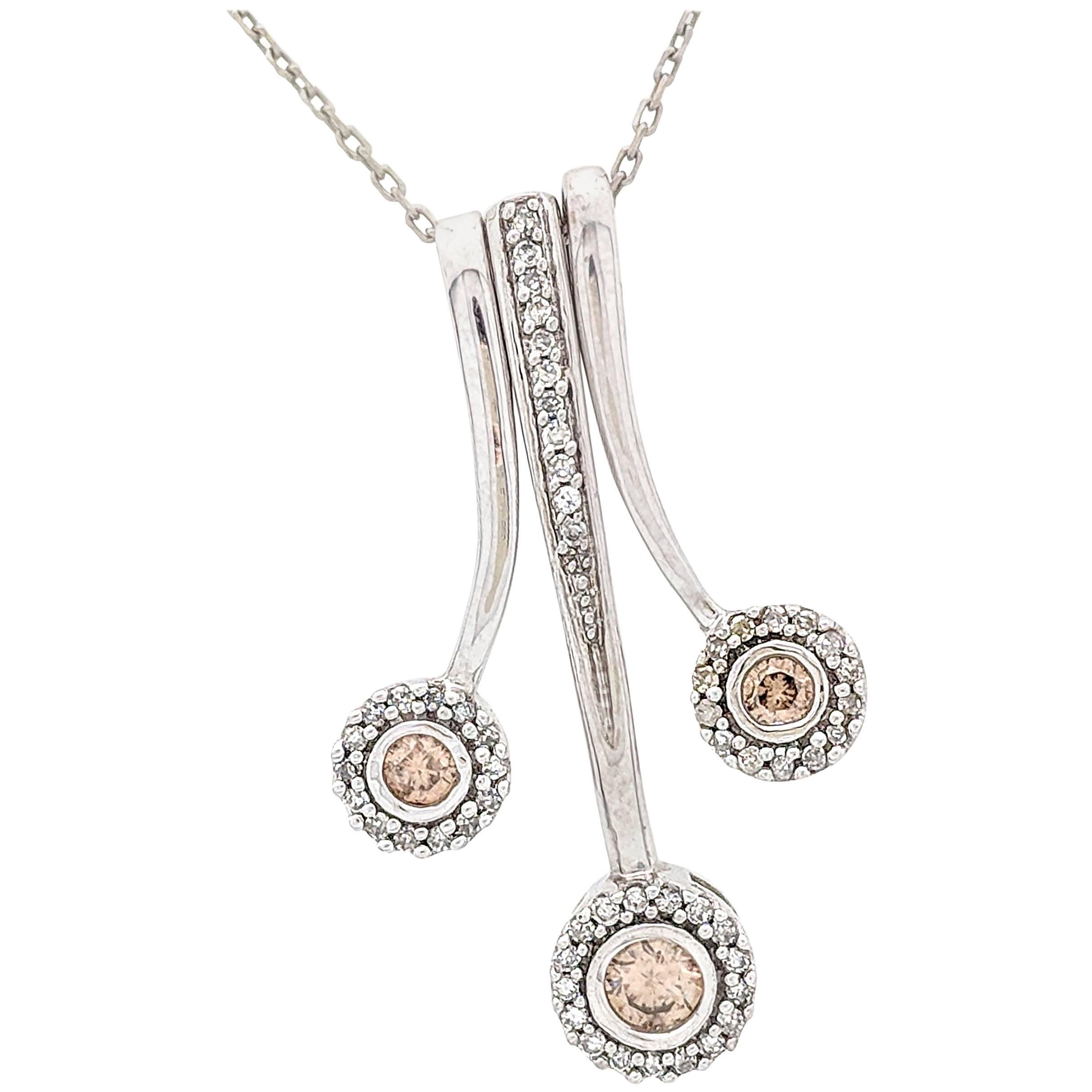 14 Karat Gold Three-Piece Champagne and White Diamond Halo Pendant Necklace For Sale