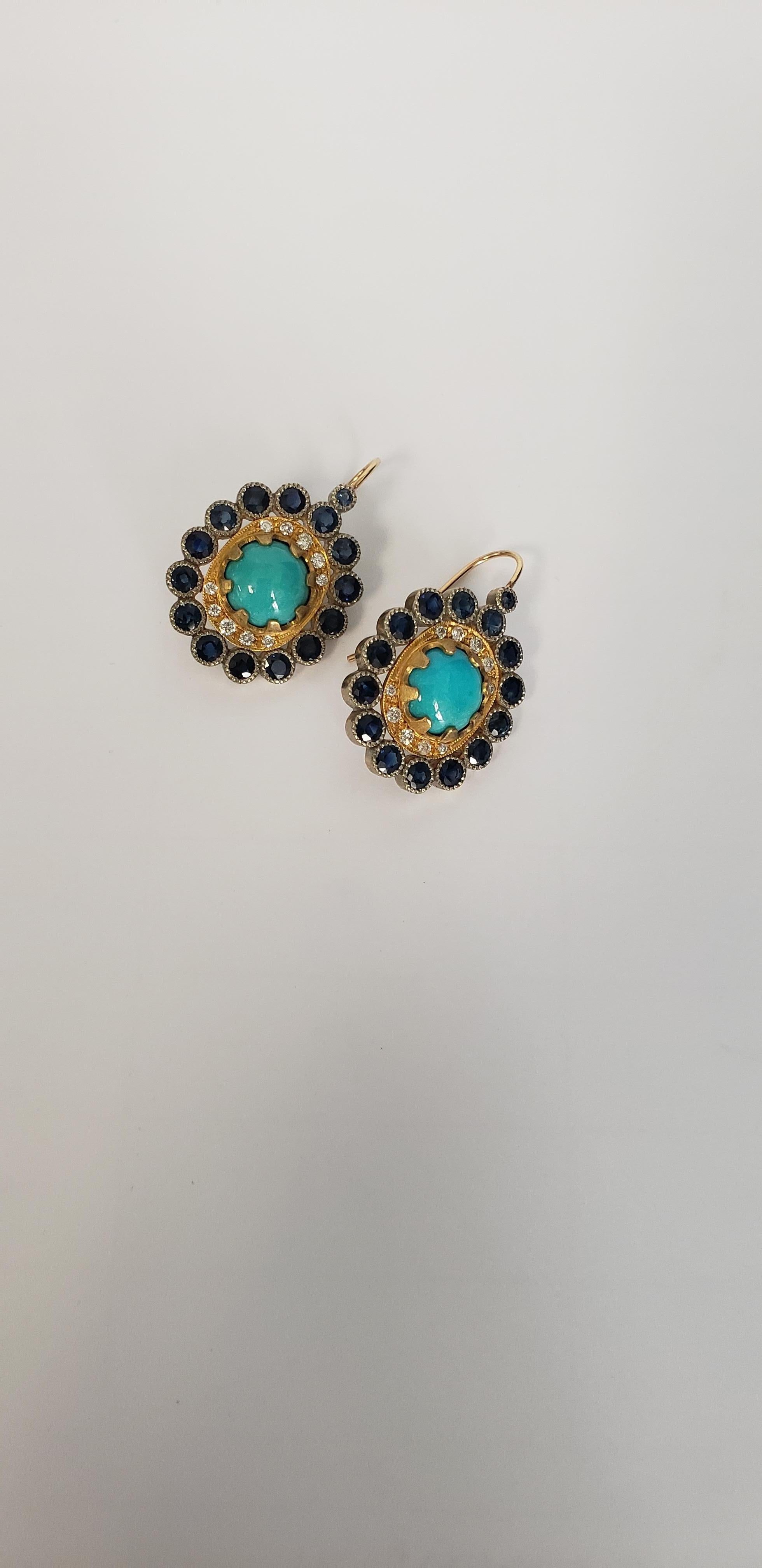 14 Karat Gold Turquoise and Blue Sapphire Earring Suneera In New Condition For Sale In Los Angeles, CA
