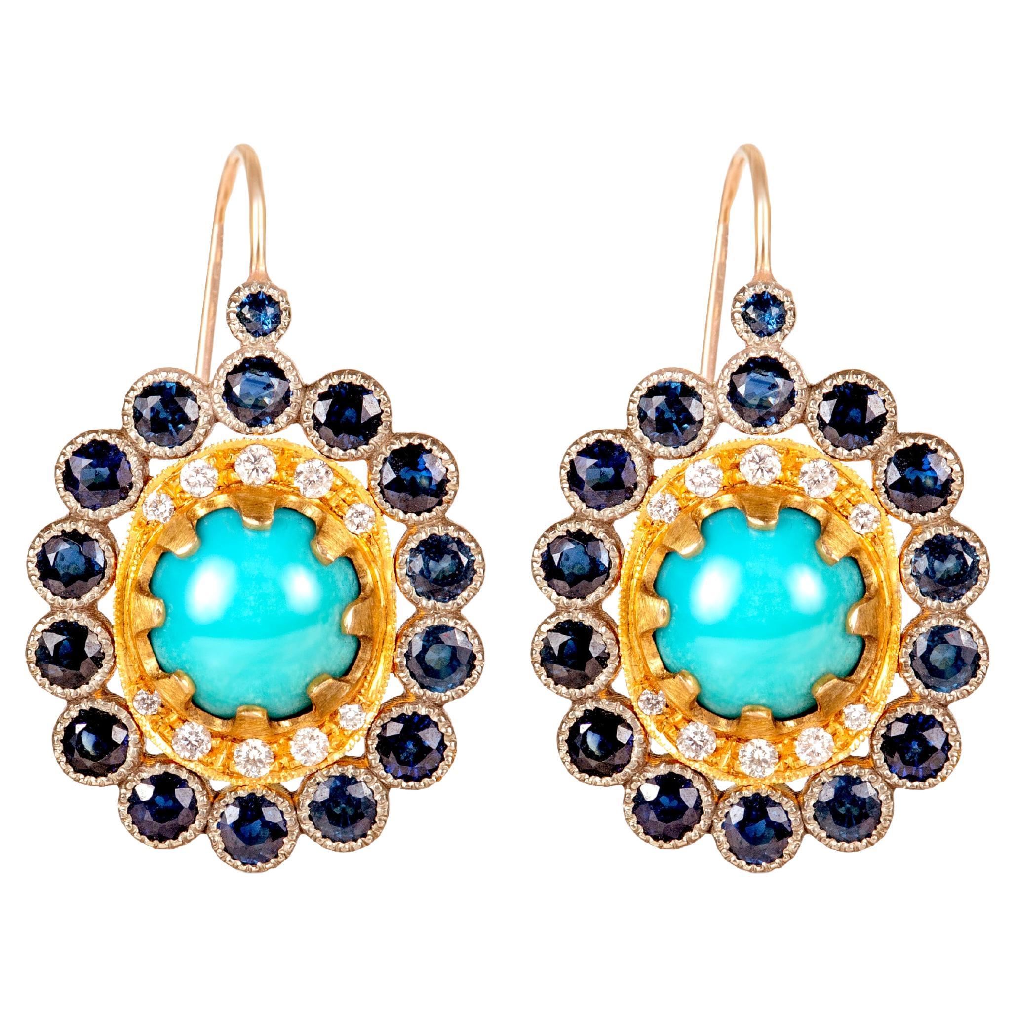 14 Karat Gold Turquoise and Blue Sapphire Earring Suneera For Sale