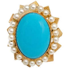 14 Karat Gold, Turquoise and Diamond Ring