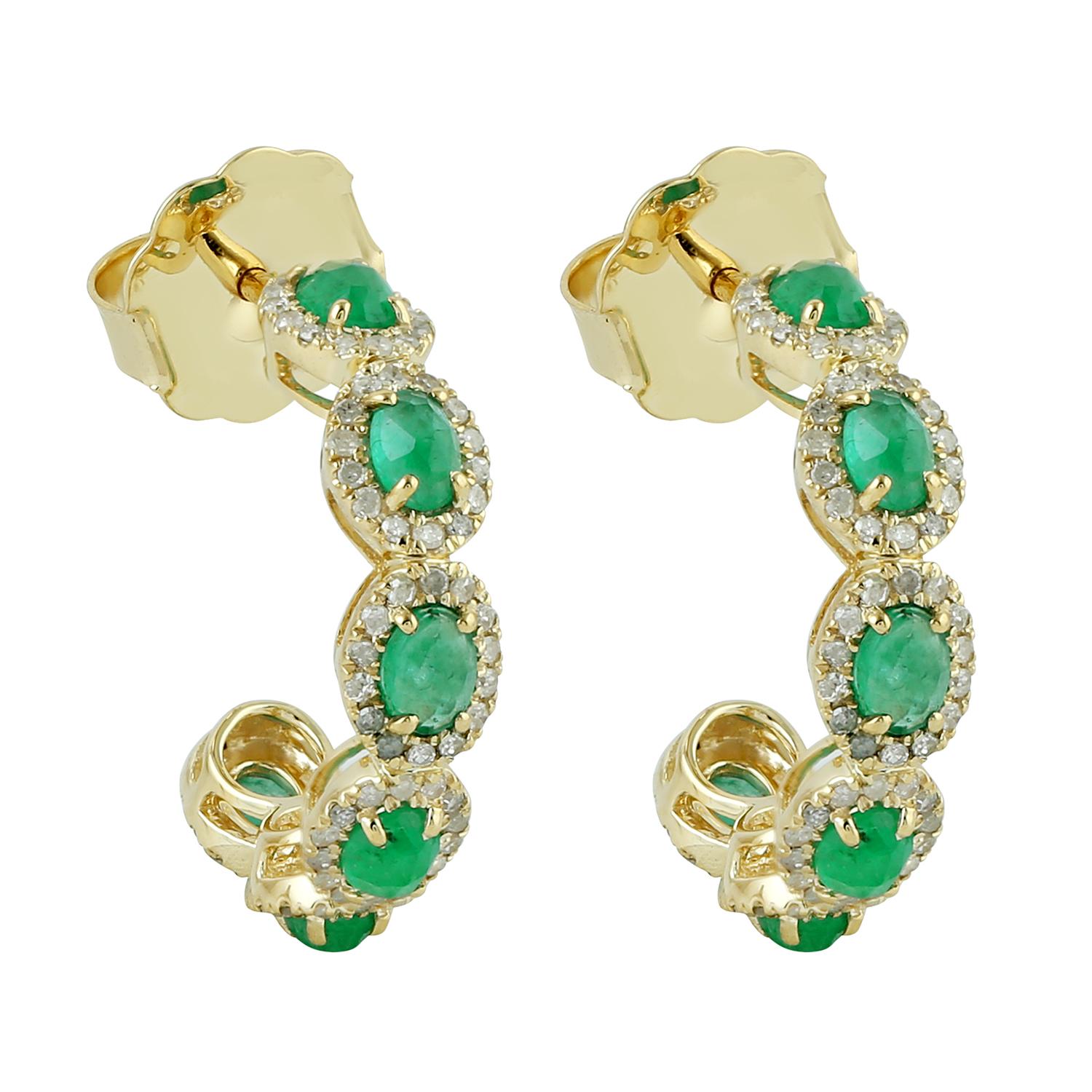 Round Cut 14 Karat Gold Turquoise Diamond Hoop Earrings For Sale