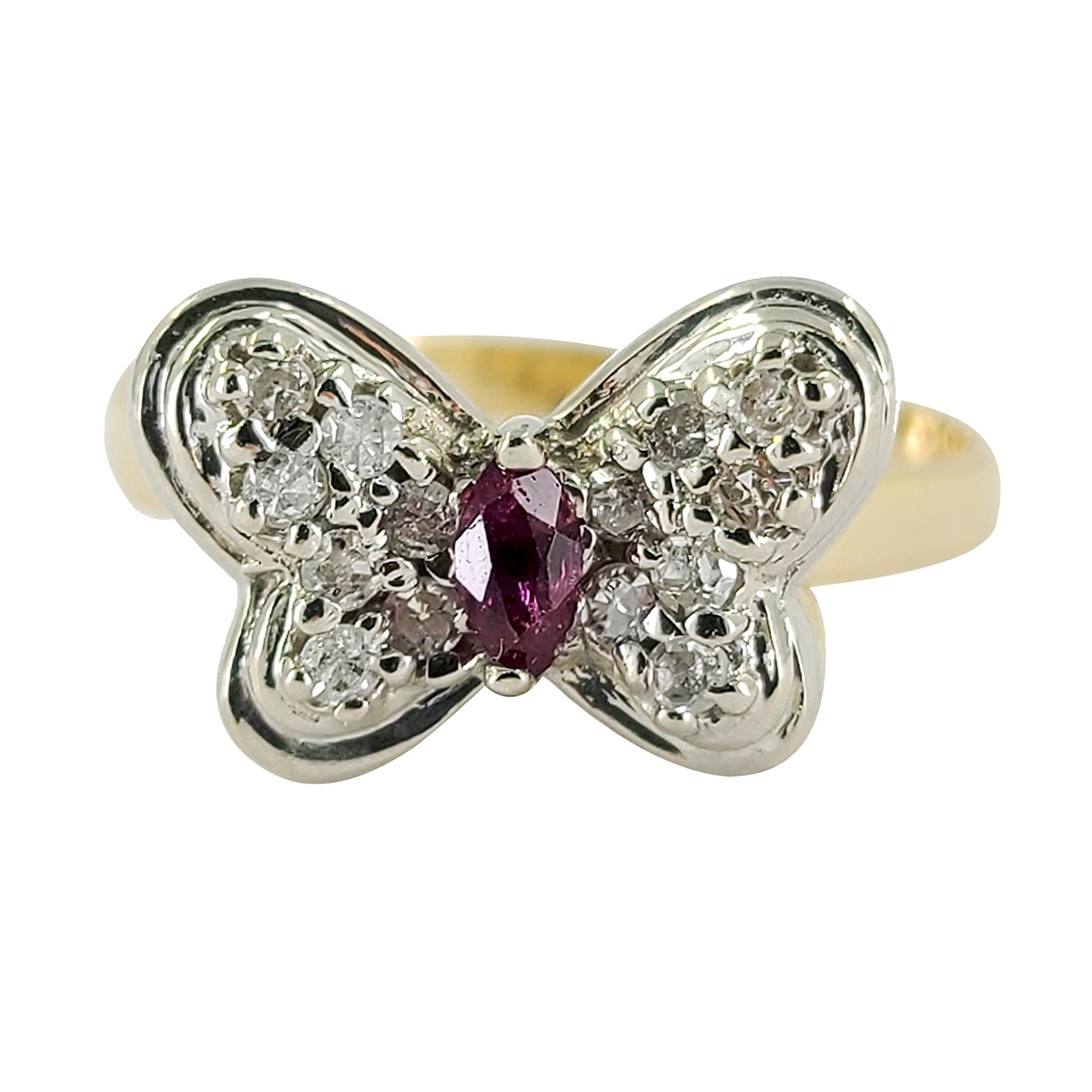 14 Karat Gold Two-Tone Butterfly Ring with Ruby & Diamonds