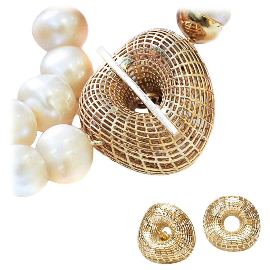 Collier et clous d'oreilles en or 14 carats, ensemble unique de perles d'eau douce et de perles en vente