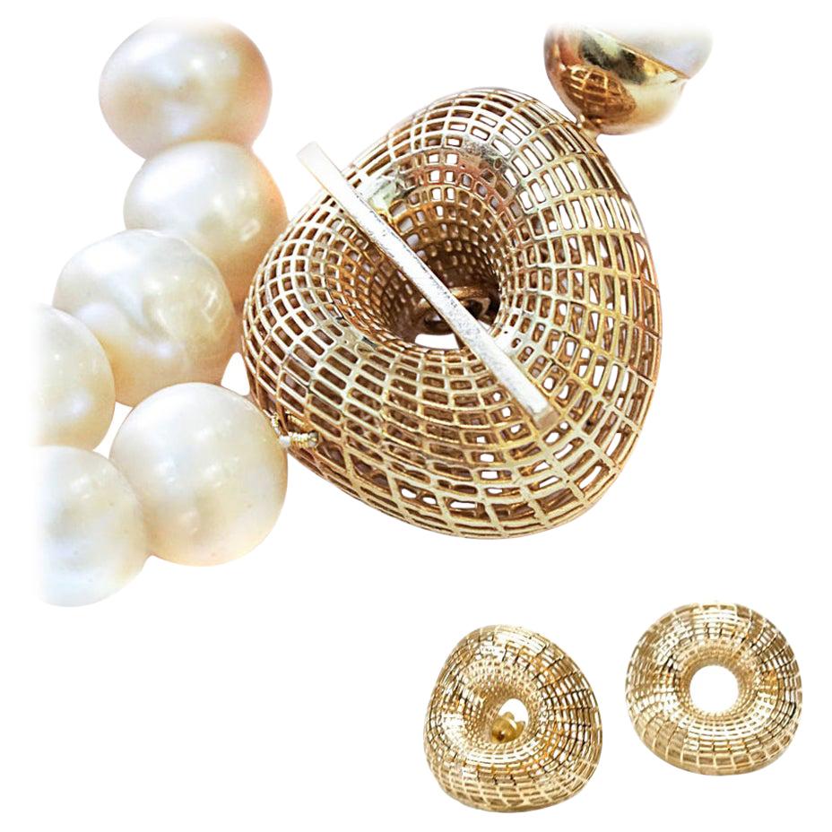 Collier et clous d'oreilles en or 14 carats, ensemble unique de perles d'eau douce et de perles