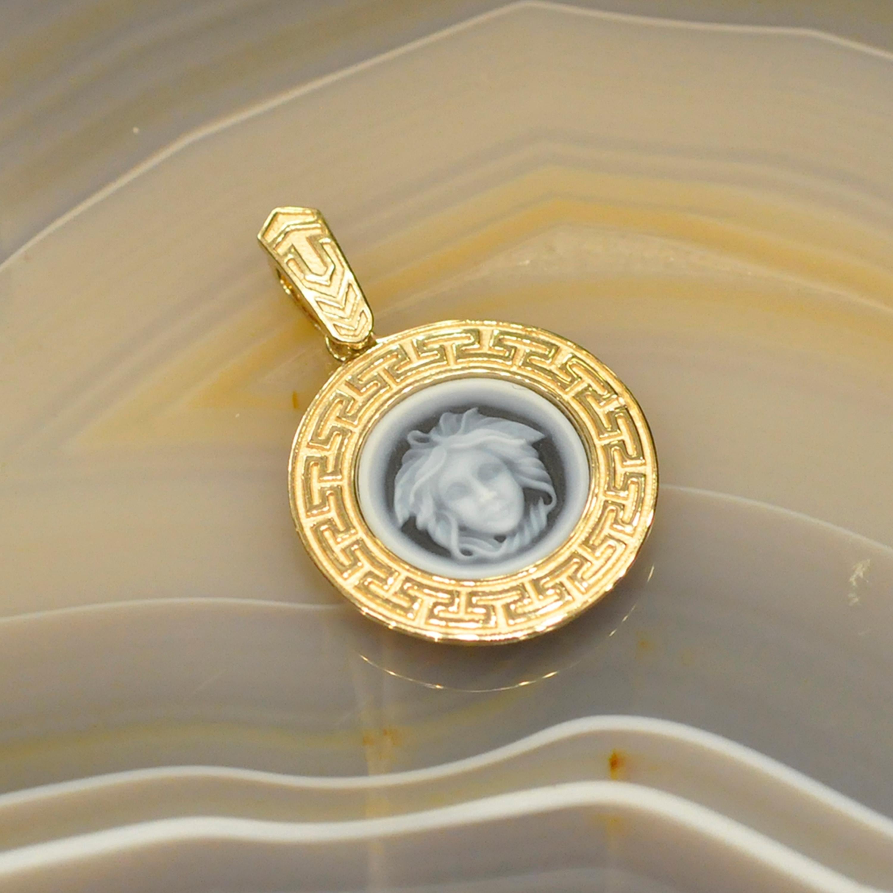 14 Karat Gold Versace Design Medusa Cameo Greek Design Casing Pendant Necklace For Sale 2