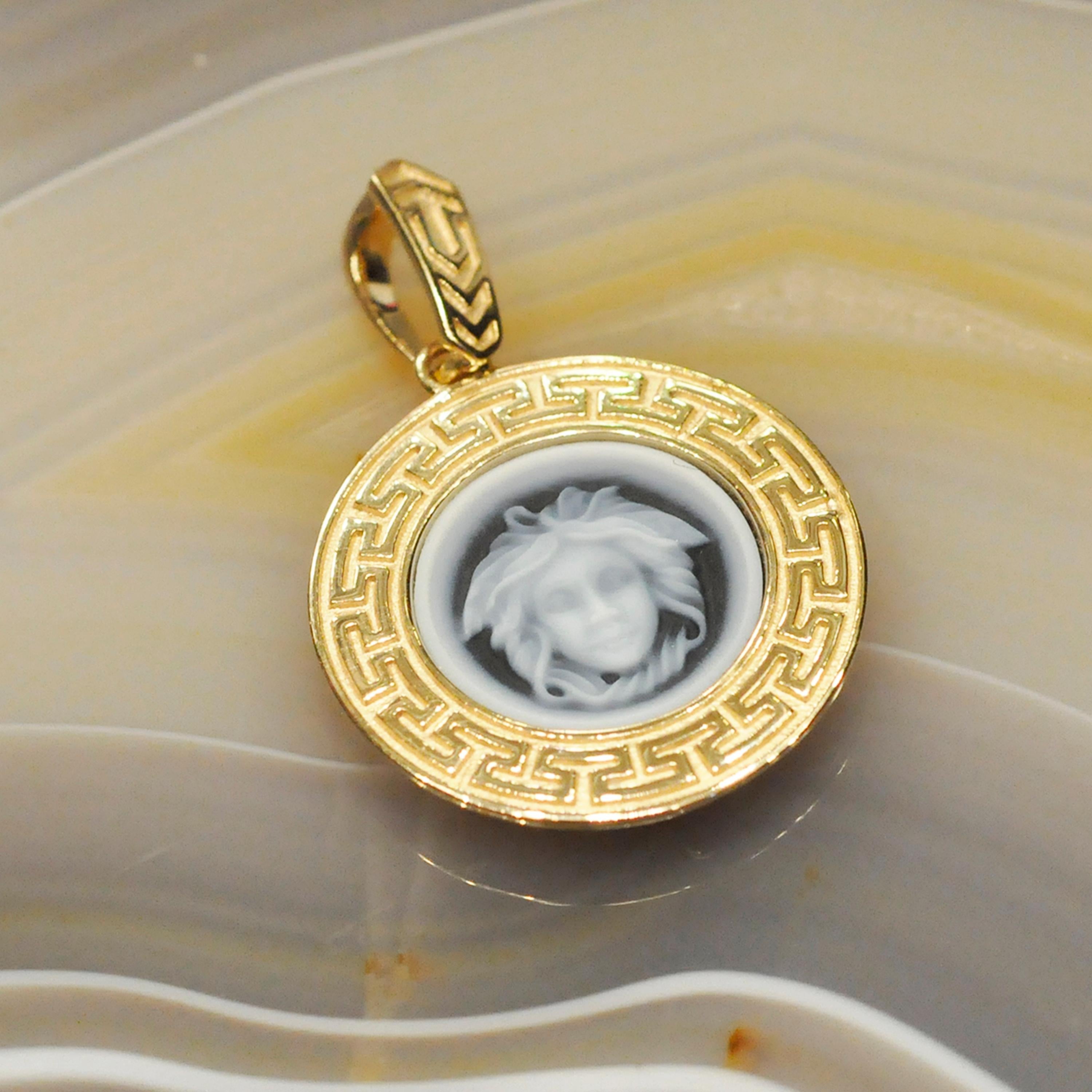 14 Karat Gold Versace Design Medusa Cameo Greek Design Casing Pendant Necklace For Sale 3