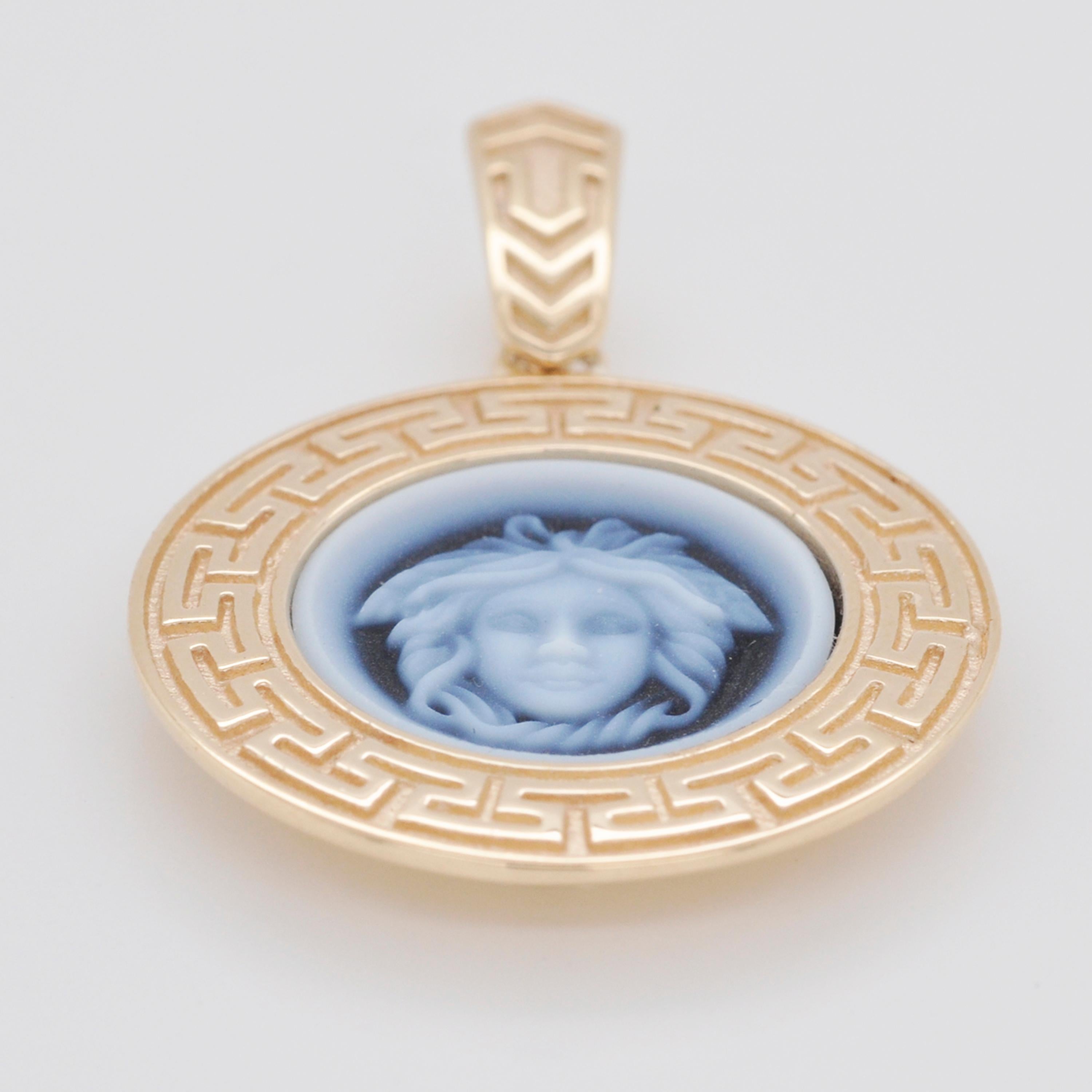 Contemporary 14 Karat Gold Versace Design Medusa Cameo Greek Design Casing Pendant Necklace For Sale
