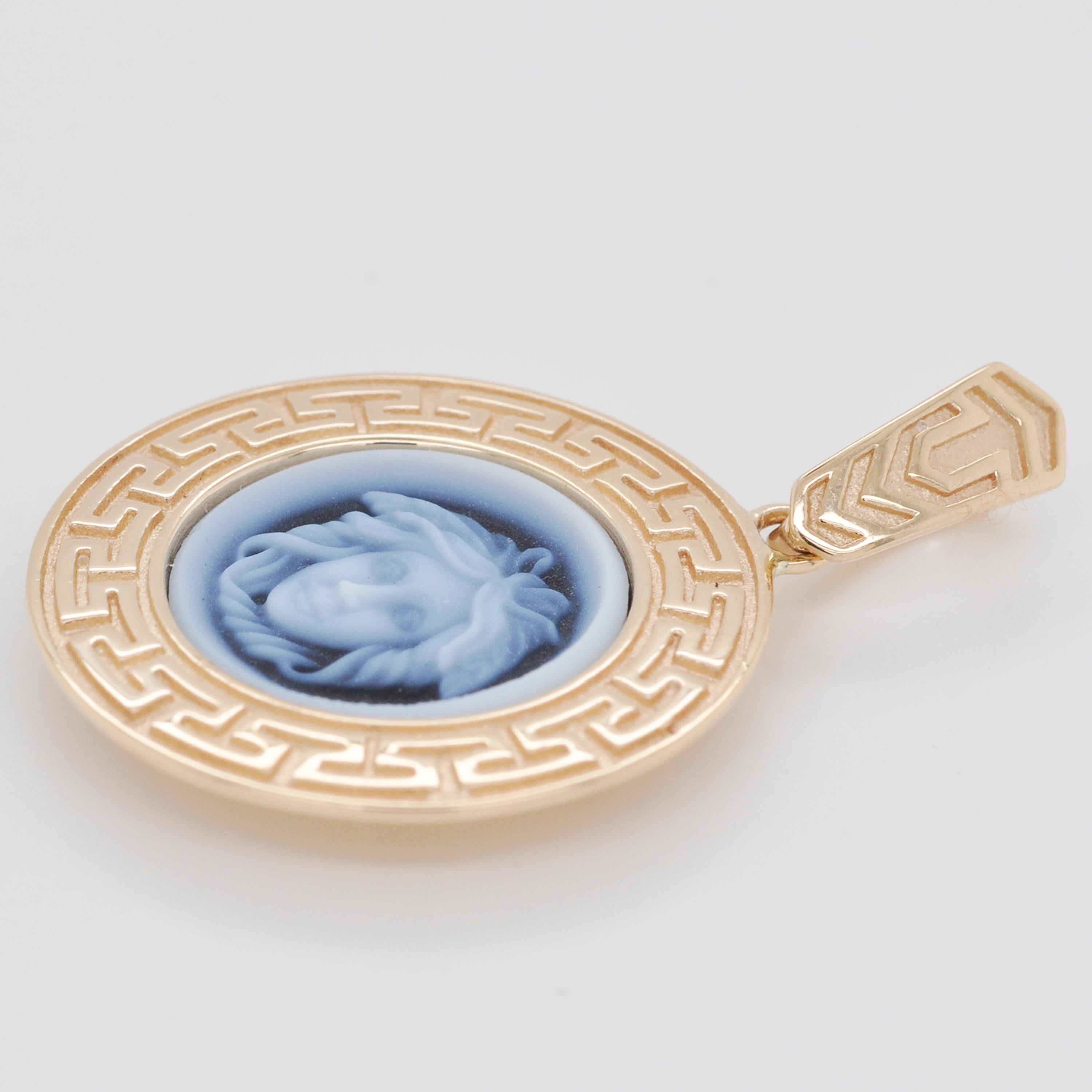 Mixed Cut 14 Karat Gold Versace Design Medusa Cameo Greek Design Casing Pendant Necklace For Sale