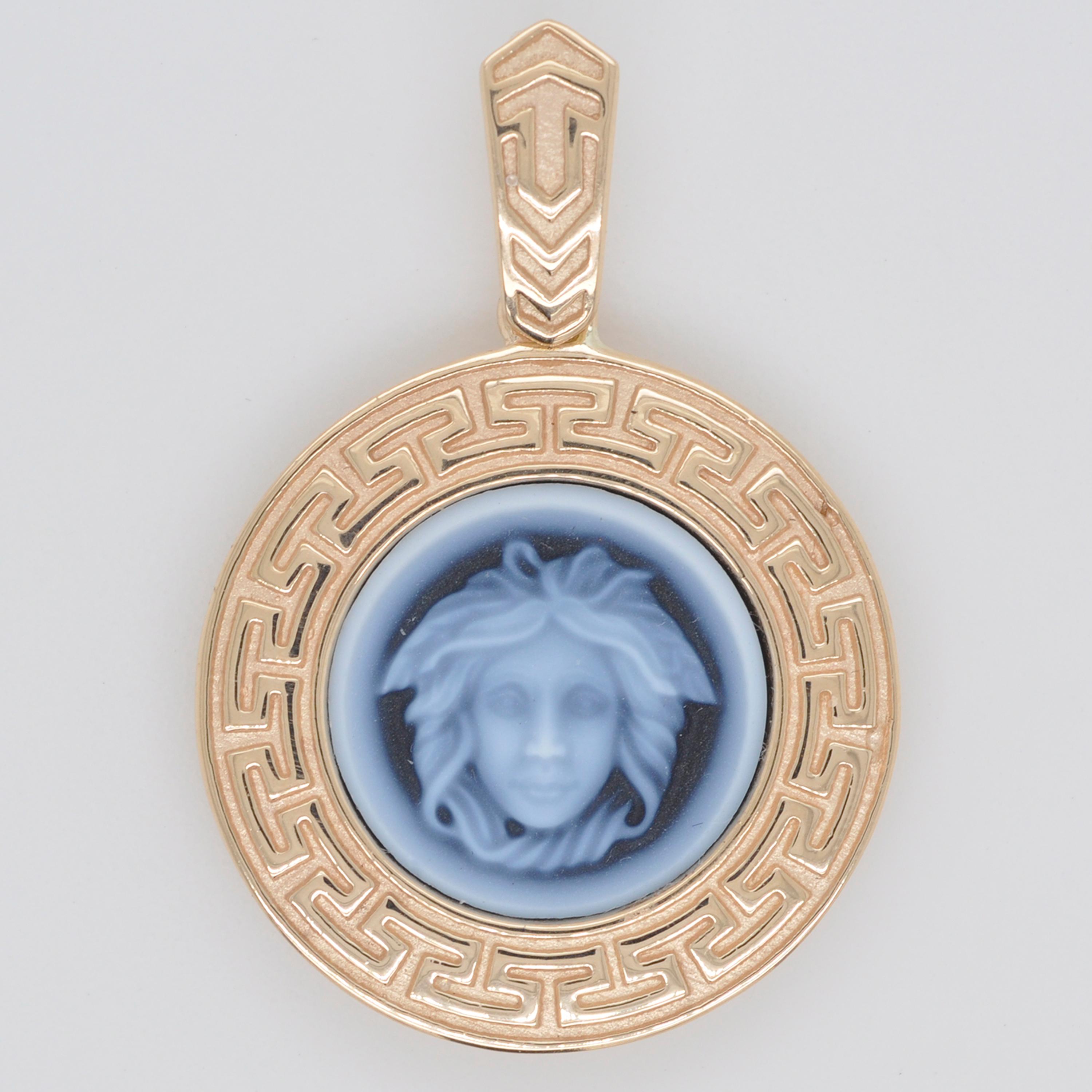 14 Karat Gold Versace Design Medusa Cameo Greek Design Casing Pendant  Necklace For Sale at 1stDibs