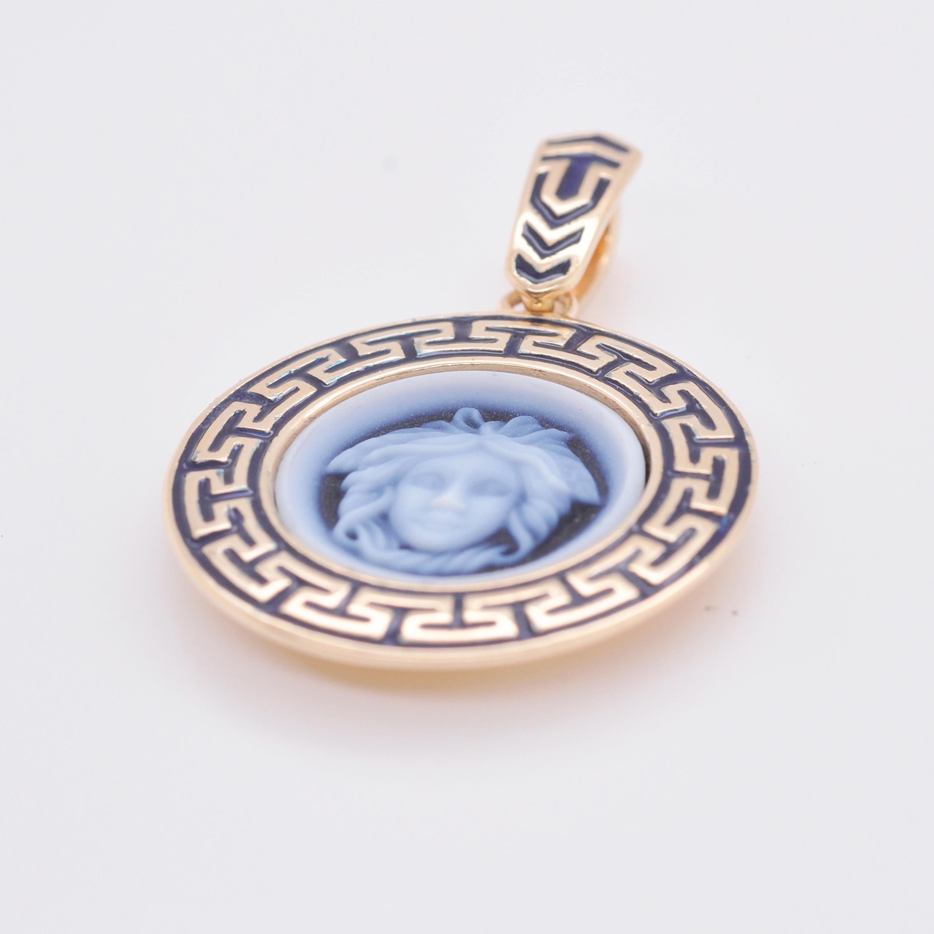 Classical Greek 14 Karat Gold Versace Design Medusa Cameo Greek Design Enamel Pendant Necklace For Sale