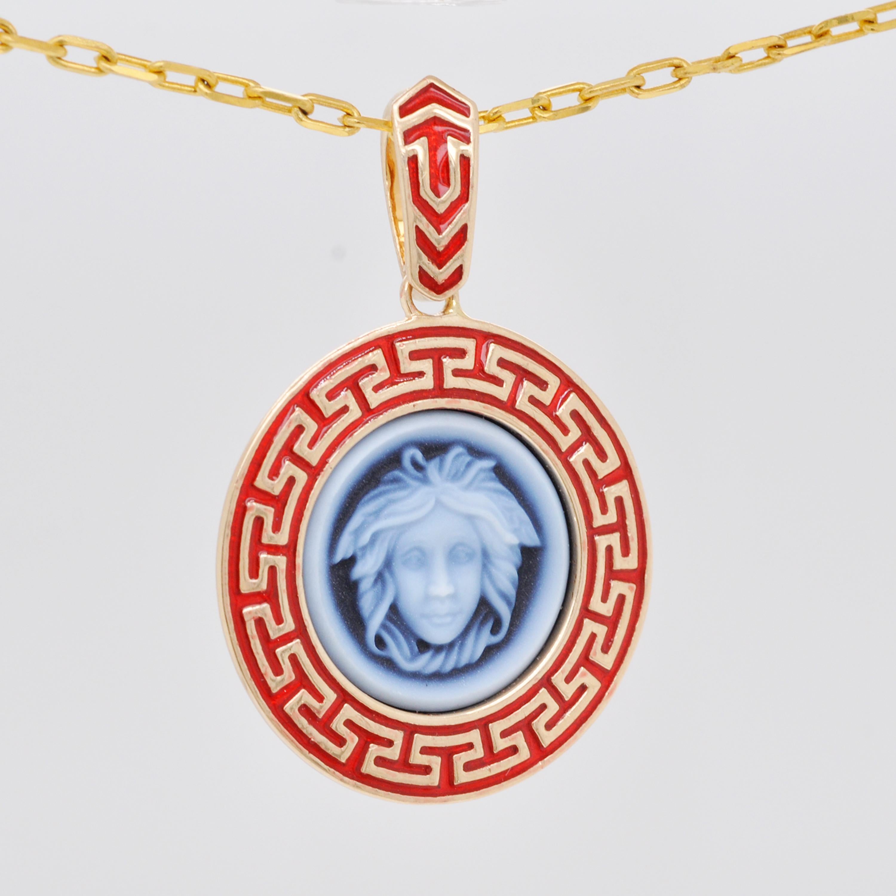 Contemporary 14 Karat Gold Versace Design Medusa Cameo Greek Design Enamel Pendant Necklace For Sale