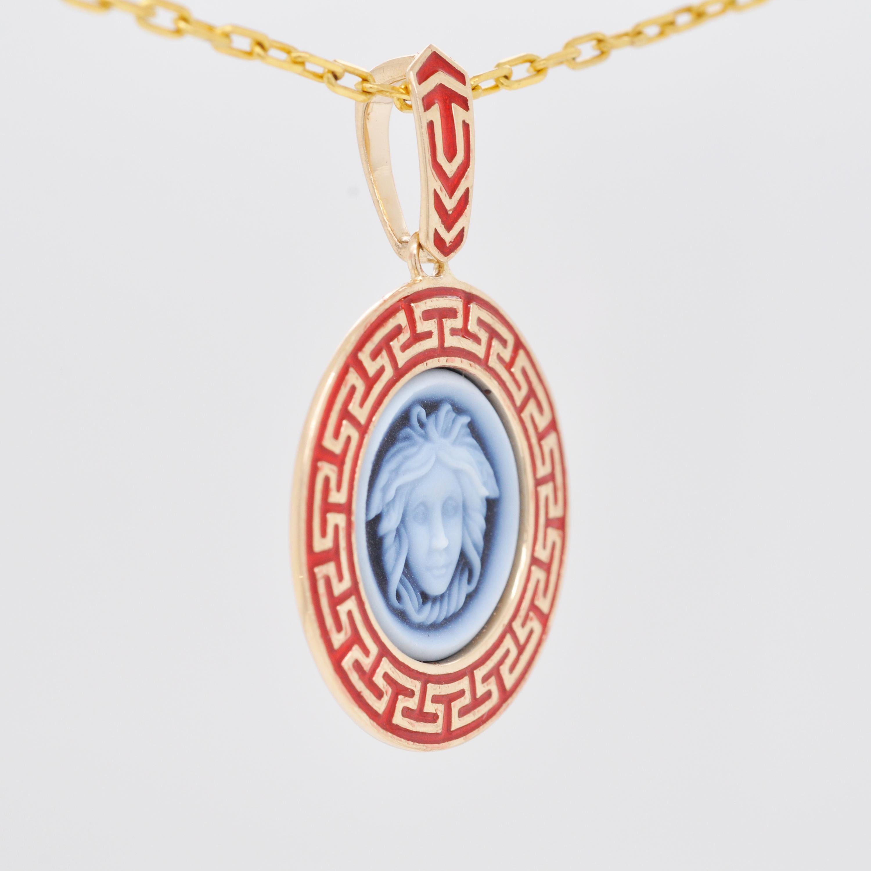 Mixed Cut 14 Karat Gold Versace Design Medusa Cameo Greek Design Enamel Pendant Necklace For Sale